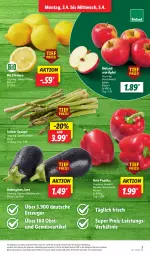 Gazetka promocyjna Lidl - Aktionsprospekt - Gazetka - ważna od 08.04 do 08.04.2023 - strona 3 - produkty: Abtei, aubergine, auberginen, bio, bioland, discount, eis, gin, grüner spargel, obst, paprika, reis, spargel, Ti, und gemüse, zitrone, zitronen