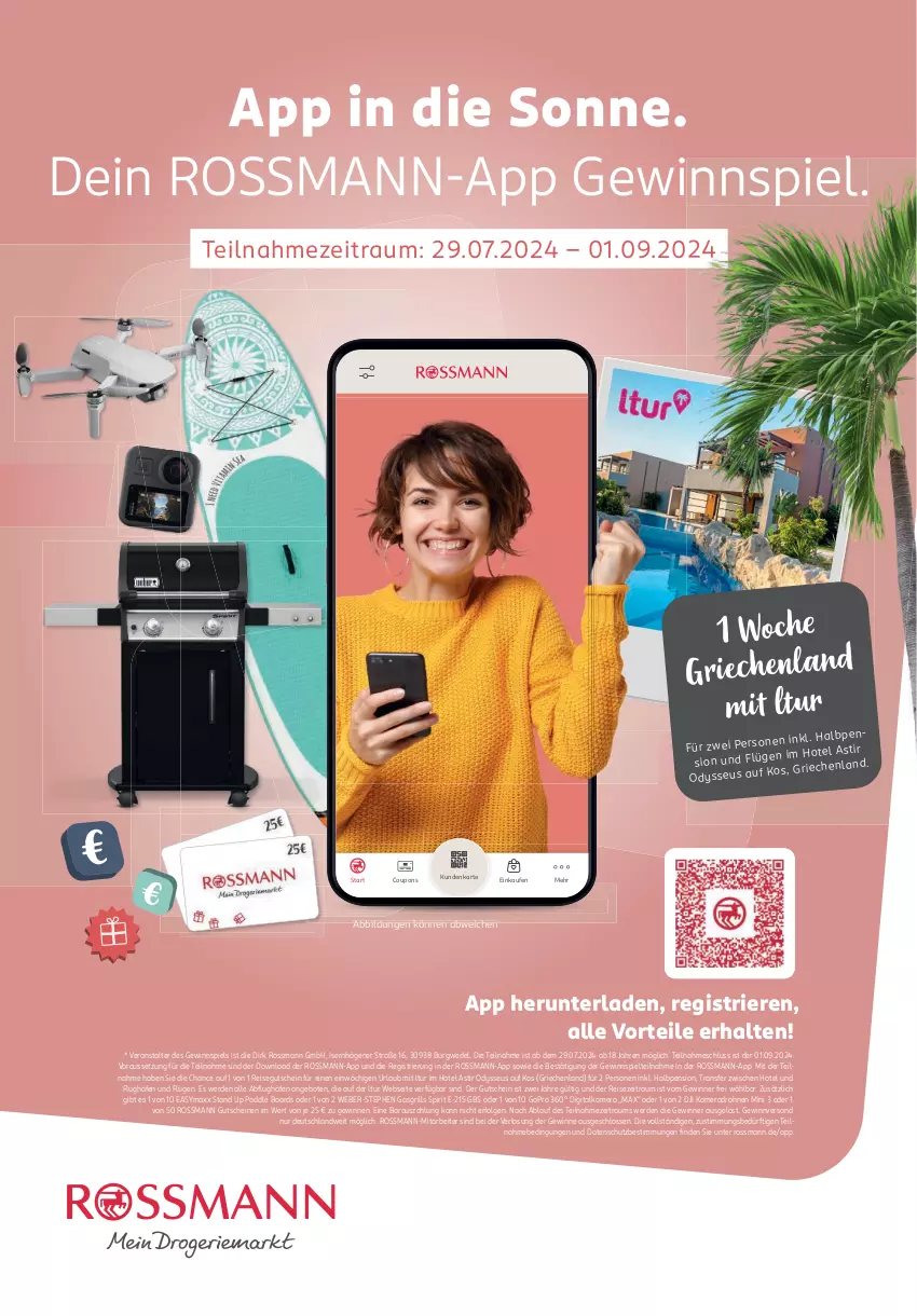 Aktueller Prospekt Rossmann - Prospekte - von 29.07 bis 01.09.2024 - strona 100 - produkty: angebot, angebote, asti, coupon, coupons, digitalkamera, DJI, Drohne, Drohnen, easymaxx, eis, erde, gasgrill, gewinnspiel, GoPro, grill, gutschein, gutscheine, kamera, LG, reis, Ti, weber, wedel