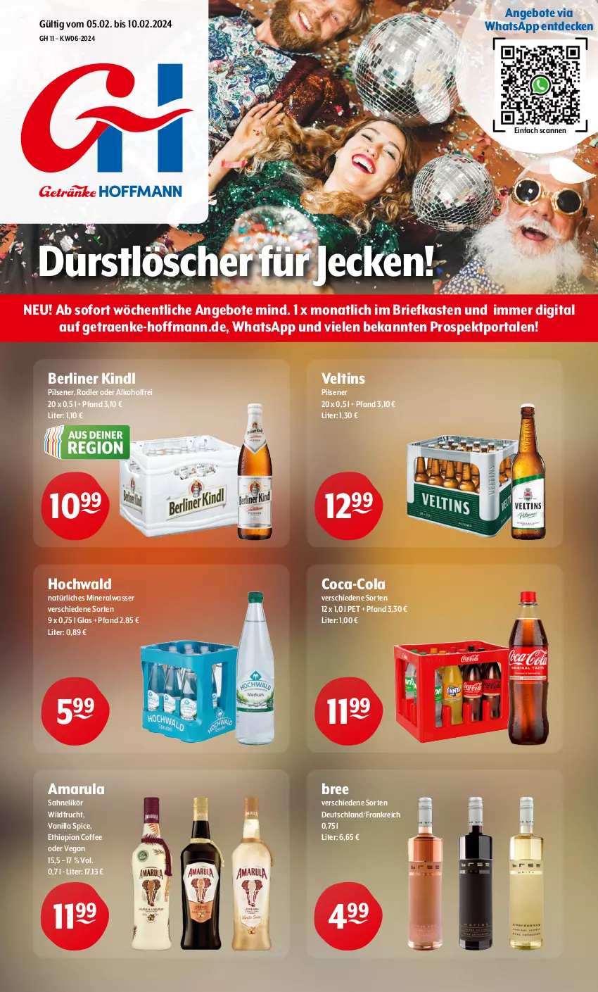 Aktueller Prospekt Getraenke Hoffmann - Prospekte - von 05.02 bis 10.02.2024 - strona 1 - produkty: alkohol, Alwa, amarula, angebot, angebote, berliner, berliner kindl, bree, brie, coca-cola, cola, decke, durstlöscher, frucht, hochwald, likör, mineralwasser, natürliches mineralwasser, pils, pilsener, radler, sahne, Ti, veltins, veltins pilsener, wasser, Wild