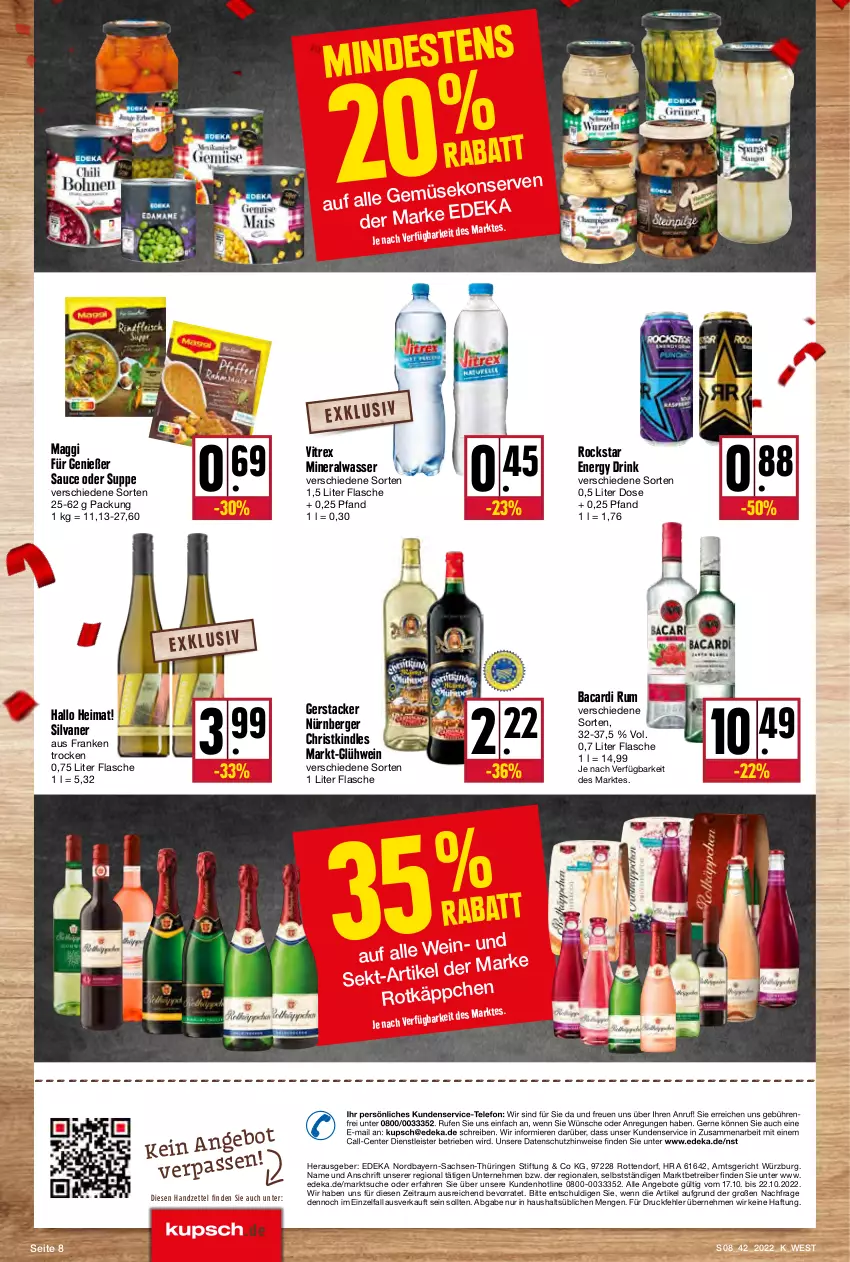 Aktueller Prospekt Kupsch - Angebote der Woche - von 17.10 bis 22.10.2022 - strona 8 - produkty: Alwa, angebot, angebote, Astra, bacardi, bacardi rum, Berger, deka, drink, eis, energy drink, ente, flasche, Glühwein, Kindle, maggi, mineralwasser, nürnberger, Rauch, ring, Rockstar, rum, sac, sauce, sekt, silvaner, suppe, telefon, Ti, vitrex, wasser, wein