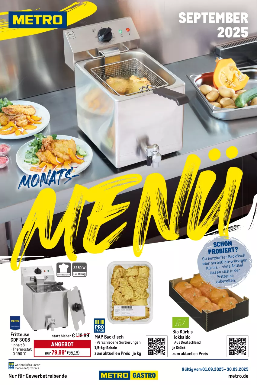 Aktueller Prospekt Metro - Monats-Menü - von 01.09 bis 30.09.2025 - strona 1 - produkty: angebot, backfisch, bier, bio, eis, elle, fisch, fritteuse, Kürbis, Metro, reis, Schal, Schale, thermostat, Ti