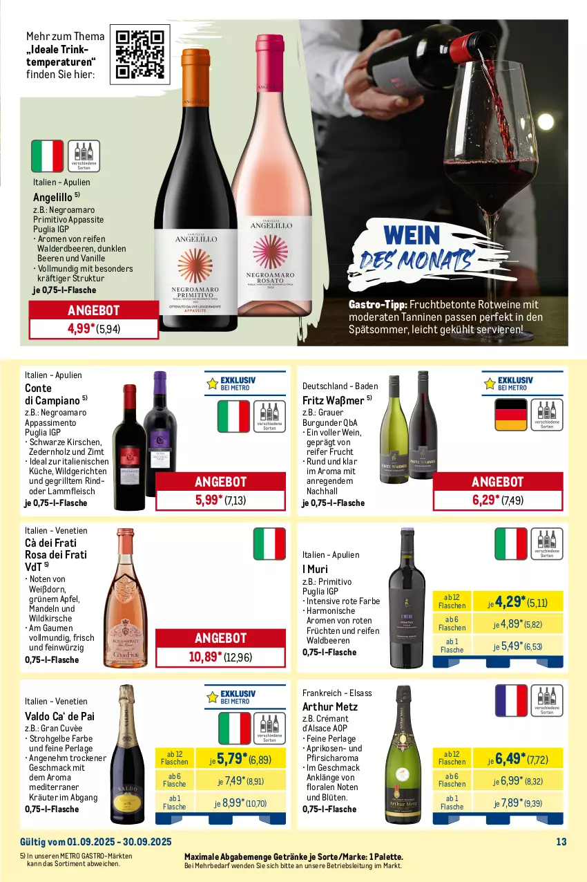 Aktueller Prospekt Metro - Monats-Menü - von 01.09 bis 30.09.2025 - strona 13 - produkty: amaro, angebot, apfel, aprikose, aprikosen, auer, Bad, beere, beeren, Blüte, burgunder, cassis, decke, ecco, eis, elle, erdbeere, erdbeeren, flasche, fleisch, fritz, frucht, früchte, früchten, getränk, getränke, gewürz, grapefruit, grauburgunder, grauer burgunder, grill, Holz, kirsch, kirsche, kirschen, kraft, kräuter, küche, lamm, Lammfleisch, mac, mandel, mandeln, meeresfrüchte, Metro, metro gastro, Mode, Palette, perla, pfirsich, primitivo, prosecco, puma, reifen, riesling, rind, rotwein, sac, sauvignon, sauvignon blanc, sim, spumante, Ti, tisch, valdo, vanille, Vegeta, vorspeise, wein, weine, Wild, zitrone, zitronen