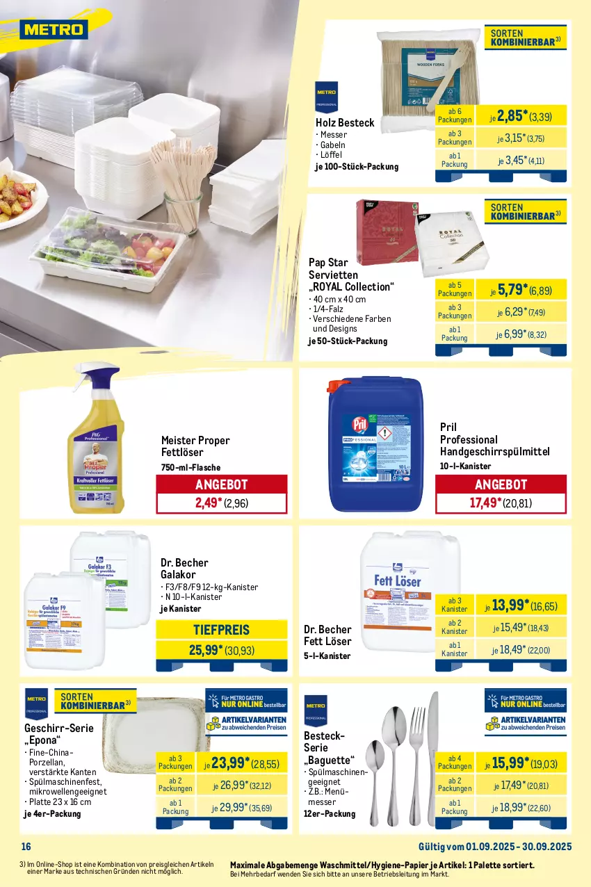 Aktueller Prospekt Metro - Monats-Menü - von 01.09 bis 30.09.2025 - strona 16 - produkty: angebot, baguette, Becher, besteck, blume, blumen, blumenöl, Bodenplatte, edelstahl, eis, elle, Fettlöser, flasche, fritteuse, Frittierkorb, Frittieröl, gabel, garraum, geschirr, geschirrspülmittel, grill, grillfläche, grillplatte, Holz, induktionskochfeld, Kocher, kochfeld, kontaktgrill, korb, latte, LG, Löffel, Meister, meister proper, messer, mikrowelle, Palette, papier, pet-flasche, pommes, Pommes Frites, pril, reis, Serviette, servietten, sonnenblume, sonnenblumen, sonnenblumenöl, spülmaschinen, spülmittel, thermostat, Ti, tiefpreis, Tiere, timer, waschmittel
