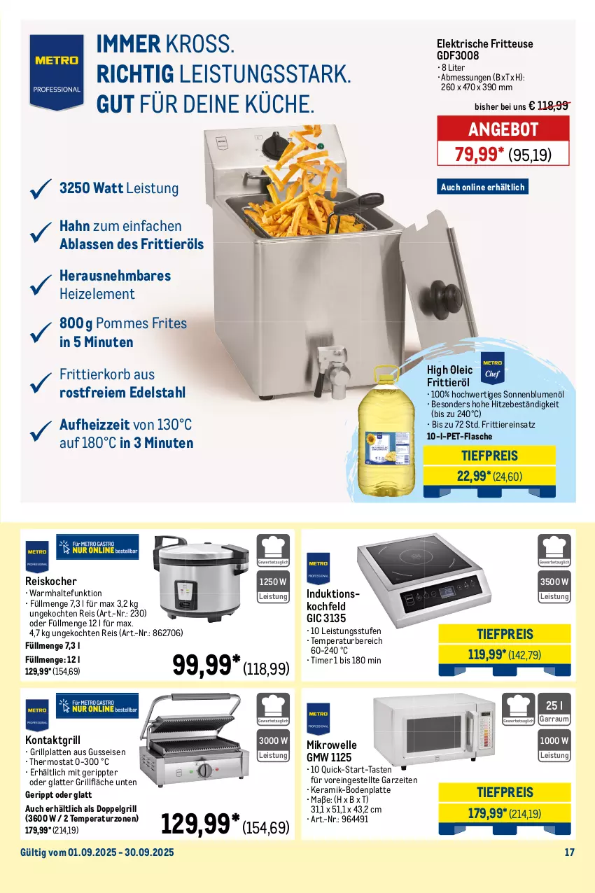 Aktueller Prospekt Metro - Monats-Menü - von 01.09 bis 30.09.2025 - strona 17 - produkty: angebot, baguette, Becher, besteck, blume, blumen, blumenöl, Bodenplatte, edelstahl, eis, elle, Fettlöser, flasche, fritteuse, Frittierkorb, Frittieröl, gabel, garraum, geschirr, geschirrspülmittel, grill, grillfläche, grillplatte, Holz, induktionskochfeld, Kocher, kochfeld, kontaktgrill, korb, latte, LG, Löffel, Meister, meister proper, messer, mikrowelle, Palette, papier, pet-flasche, pommes, Pommes Frites, pril, reis, Serviette, servietten, sonnenblume, sonnenblumen, sonnenblumenöl, spülmaschinen, spülmittel, thermostat, Ti, tiefpreis, Tiere, timer, waschmittel