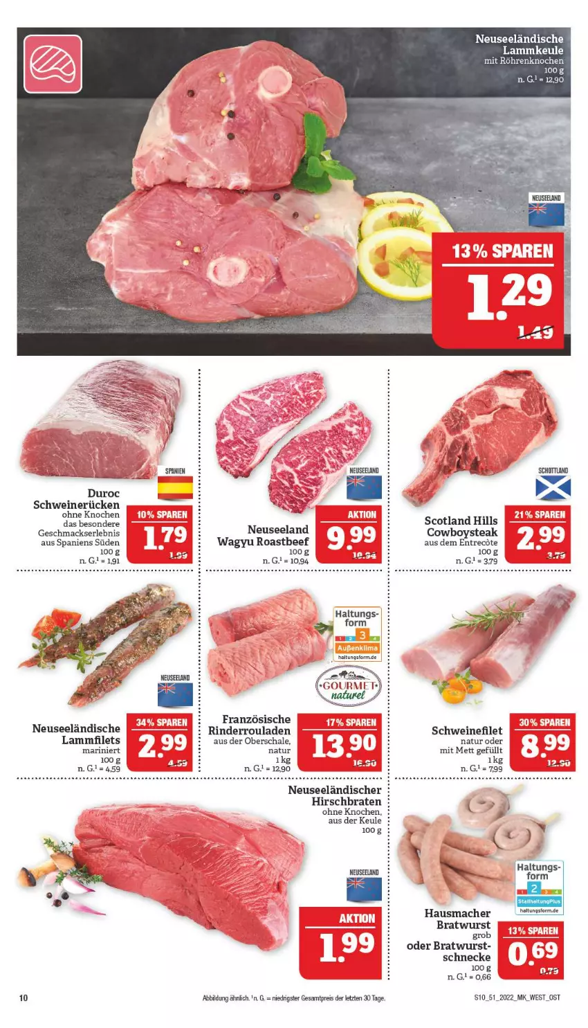 Aktueller Prospekt Marktkauf - Prospekt - von 18.12 bis 24.12.2022 - strona 10 - produkty: beef, braten, bratwurst, eis, Elan, elle, filet, filets, Hausmacher, lamm, Lammfilets, lammkeule, mac, Mett, natur, reis, rind, rinder, Rinderroulade, rinderrouladen, roastbeef, rouladen, Schal, Schale, schwein, schweine, schweinefilet, schweinerücken, steak, wein, weine, wurst, ZTE