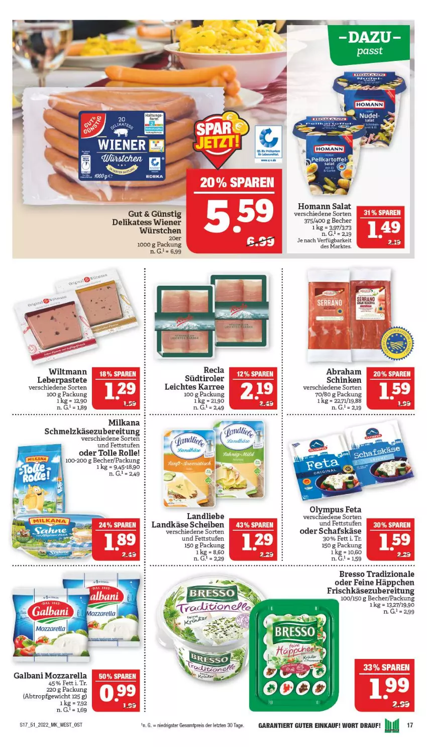 Aktueller Prospekt Marktkauf - Prospekt - von 18.12 bis 24.12.2022 - strona 17 - produkty: Becher, bresso, eis, feta, frischkäse, frischkäsezubereitung, galbani, homann, Käse, landkäse, landliebe, milka, milkana, mozzarella, ndk, nudel, pastete, reis, rel, salat, schafskäse, schinken, Schmelzkäse, schmelzkäsezubereitung, südtiroler, Ti, tradizionale, wiener, wiener würstchen, wiltmann, würstchen, ZTE