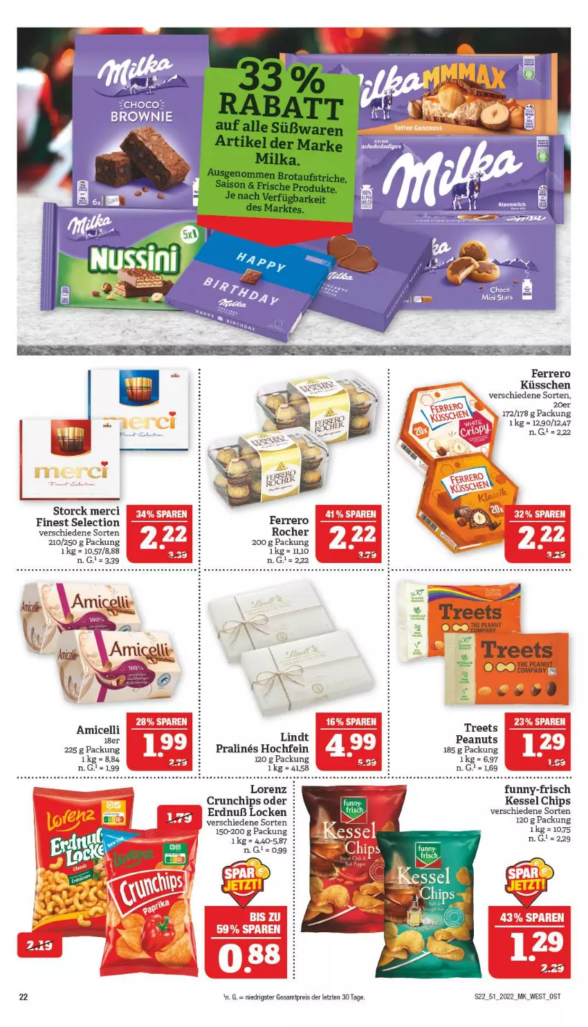 Aktueller Prospekt Marktkauf - Prospekt - von 18.12 bis 24.12.2022 - strona 22 - produkty: amicelli, chips, crunchips, eis, ferrero, Ferrero Rocher, funny-frisch, lindt, lorenz, merci, reis, storck, Ti, ZTE