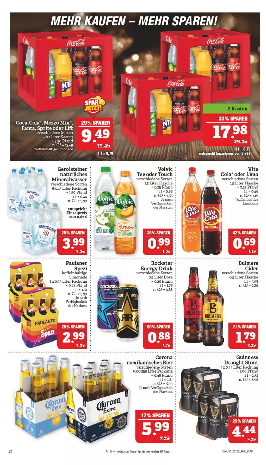 Aktueller Prospekt Marktkauf - Prospekt - von 18.12 bis 24.12.2022 - strona 24 - produkty: Alwa, bier, cider, coca-cola, cola, corona, drink, eis, energy drink, fanta, flasche, gerolsteine, gerolsteiner, Guinness, limo, limonade, Mezzo Mix, mineralwasser, Paula, paulaner, reis, Rockstar, Spezi, sprite, steiner, tee, Ti, vita, volvic, wasser, ZTE