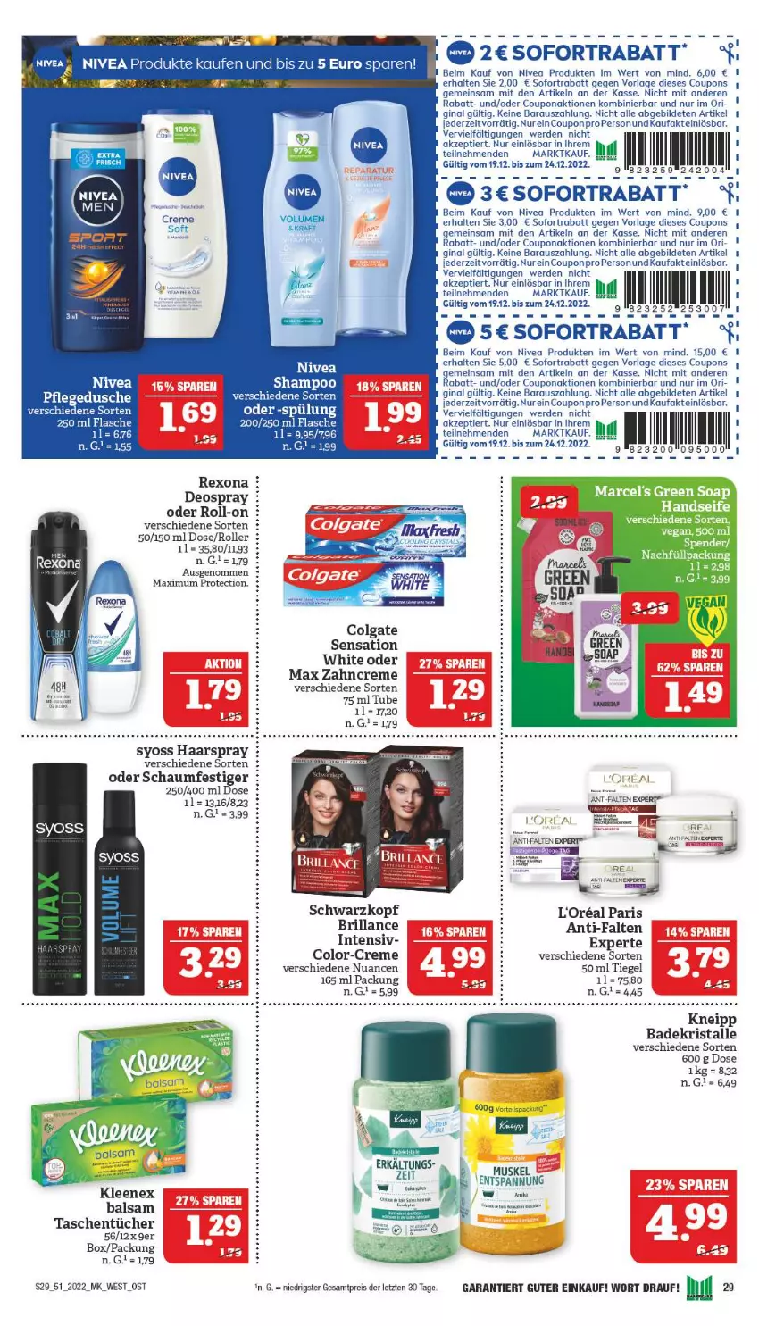 Aktueller Prospekt Marktkauf - Prospekt - von 18.12 bis 24.12.2022 - strona 29 - produkty: Bad, Badekristalle, balsam, brillance, colgate, coupon, coupons, creme, deo, deospray, eis, erde, Erkältungs, flasche, gin, haarspray, LG, nivea, Nuance, oder schaumfestiger, reis, rexona, roll-on, Roller, schaumfestiger, schwarzkop, schwarzkopf, shampoo, sofortrabatt, spülung, syoss, Tasche, taschen, taschentücher, Ti, tücher, Yo, zahncreme, ZTE