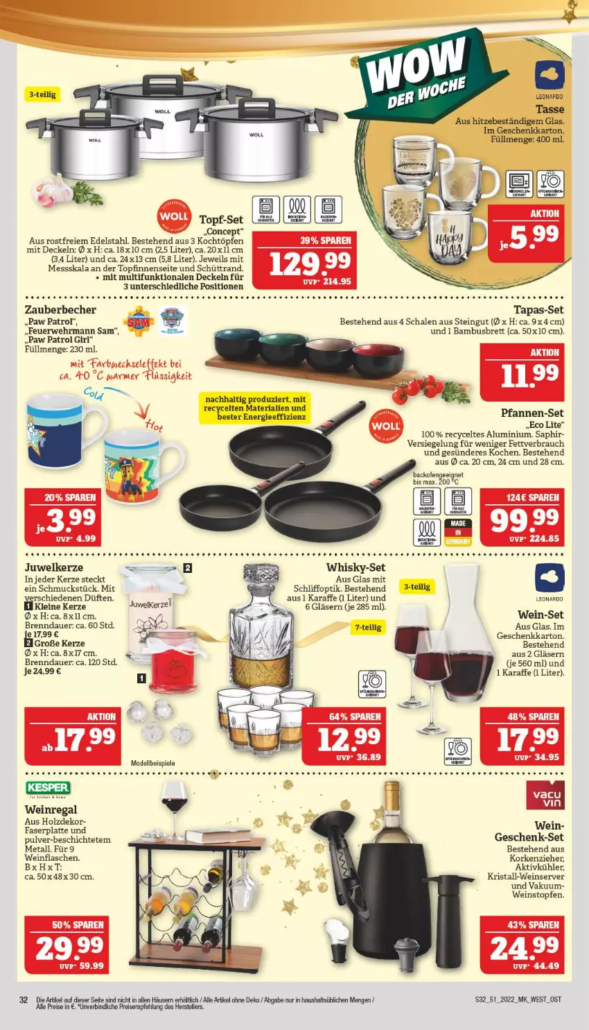 Aktueller Prospekt Marktkauf - Prospekt - von 18.12 bis 24.12.2022 - strona 32 - produkty: auer, backofen, bambus, Becher, decke, Deckel, dell, edelstahl, ehrmann, eis, elle, flasche, Gläser, Holz, Karaffe, kerze, latte, leine, leonardo, Mode, Ofen, Paw Patrol, pfanne, pfannen, pfannen-set, Rauch, regal, reis, Ria, rwe, Schal, Schale, Schmuck, Spiele, Tapas, tasse, teller, Ti, topf, topf-set, Topfen, usb, wein, whisky