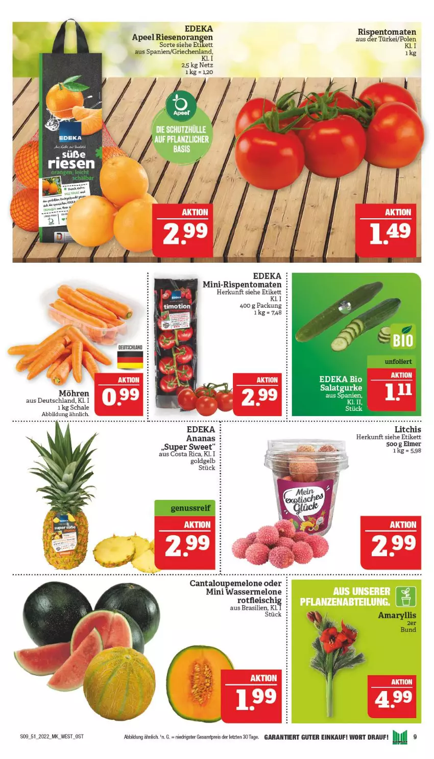 Aktueller Prospekt Marktkauf - Prospekt - von 18.12 bis 24.12.2022 - strona 9 - produkty: ananas, bio, deka, edeka bio, eier, eimer, eis, gurke, melone, mini-rispentomaten, möhren, orange, orangen, reis, rispentomaten, salat, Salatgurke, Schal, Schale, Ti, tomate, tomaten, wasser, wassermelone, ZTE