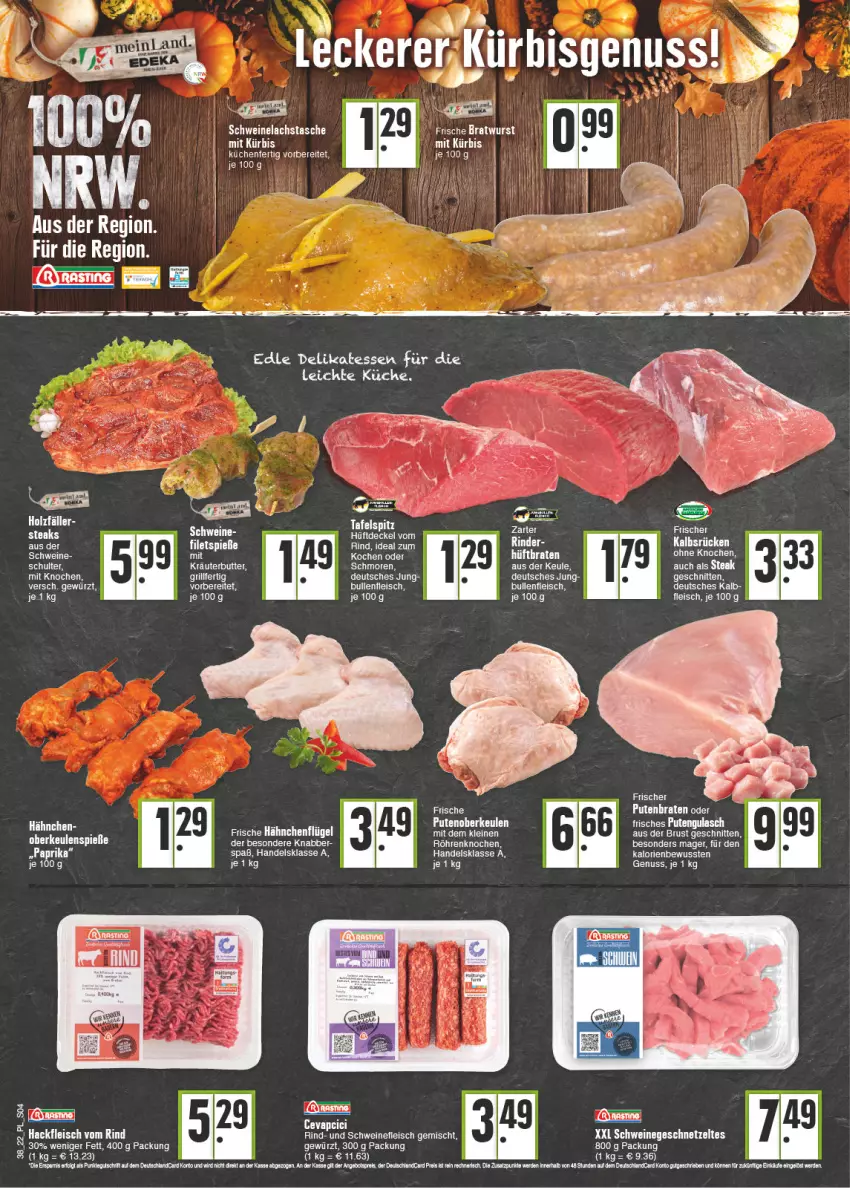 Aktueller Prospekt E Center - Angebote der Woche - von 19.09 bis 24.09.2022 - strona 4 - produkty: bett, braten, butter, eis, erde, filet, filets, fleisch, Frische Hähnchen, geschnetzeltes, gewürz, grill, hackfleisch, hähnchenflügel, Hüftbraten, kräuter, kräuterbutter, küche, Küchen, Kürbis, lachs, LG, nuss, pute, Putenoberkeule, reis, rind, salz, schnitten, schwein, schweine, Schweinelachs, steak, steaks, Tasche, Ti, wein, weine, Zelt