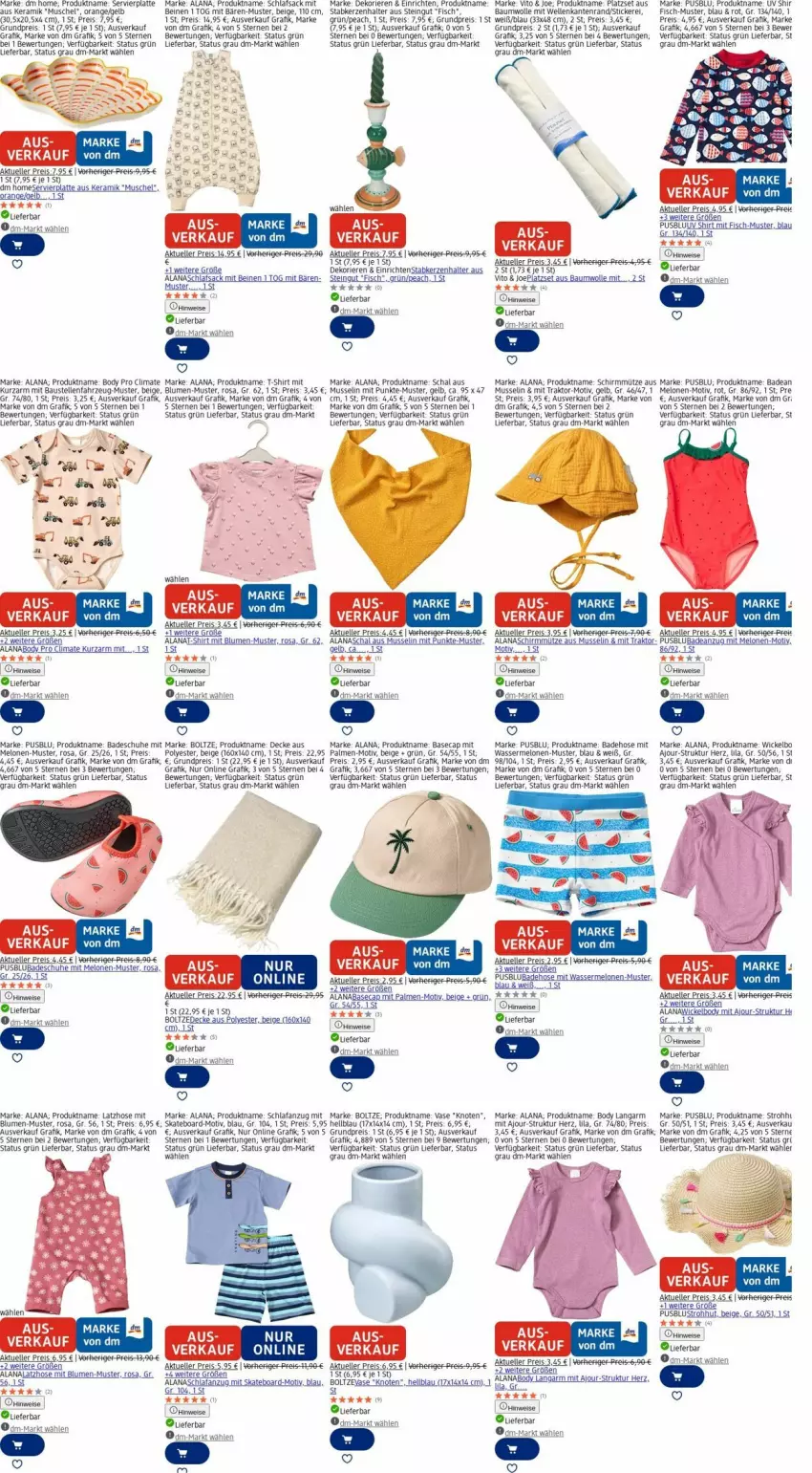 Aktueller Prospekt Dm Drogerie - Prospekte - von 29.09 bis 08.10.2025 - strona 7 - produkty: Anzug, aust, Bad, badeanzug, Badehose, Bau, baumwolle, blume, blumen, body, Cap, decke, eis, elle, fisch, hose, kerze, Kerzenhalter, latte, Latzhose, melone, melonen, Mütze, orange, reis, sac, Schal, Schlafanzug, schlafsack, schuhe, shirt, sim, Skateboard, Stabkerze, Stabkerzenhalter, Strohhut, T-Shirt, Ti, usb, Vase, wasser, wassermelone, wassermelonen, WICK, Wickelbody, wolle