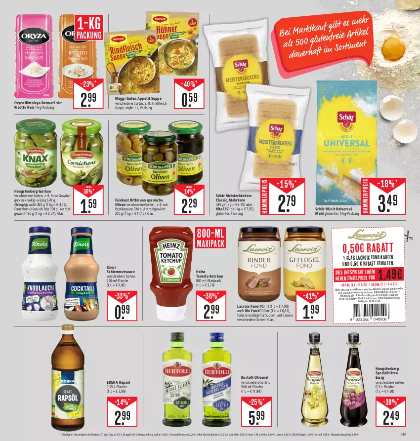 Aktueller Prospekt E Center - Angebote der Woche - von 25.09 bis 30.09.2023 - strona 13 - produkty: auer, basmati, bertolli, bio, coupon, coupons, deka, dittmann, eis, essig, feinkost, flasche, fleisch, Fleisch Suppe, gewürz, Gewürzgurke, gewürzgurken, gin, gurke, gurken, heinz, hengstenberg, Hengstenberg Gurken, ketchup, knorr, korn, LG, maggi, mehl, Meister, mit paprika, olive, oliven, olivenöl, oryza, paprika, rapsöl, reis, rind, rindfleisch, risotto, sauce, saucen, schlemmersauce, Spezi, suppe, suppen, Ti, tomato ketchup, vita, ZTE