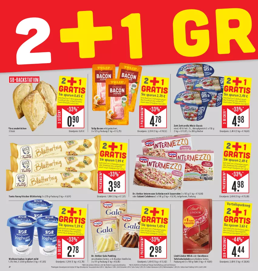 Aktueller Prospekt E Center - Angebote der Woche - von 25.09 bis 30.09.2023 - strona 2 - produkty: auer, bacon, Becher, blätterteig, bourbon, brötchen, coupon, coupons, Dr. Oetker, eis, elle, intermezzo, joghur, joghurt, joghurt mild, lindor, lindt, milch, pudding, rabatt-coupon, reis, rel, salami, Sauerrahm, schinken, schoko, schokolade, tafelschokolade, tante fanny, Ti, tulip, vanille, weihenstephan, zott, zottarella, zottarella minis, ZTE