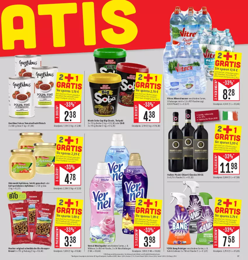 Aktueller Prospekt E Center - Angebote der Woche - von 25.09 bis 30.09.2023 - strona 3 - produkty: Alwa, apfel, apfelmus, Becher, bio, brezel, chia, chianti, chili, Cillit, cillit bang, cin, classico, eis, flasche, fleisch, frucht, fruchtfleisch, gin, Gläser, huober, mineralwasser, Nissin, odenwald, pet-flasche, pet-flaschen, Rauch, reiniger, reis, rwe, Ti, tomate, tomaten, vernel, vitrex, wasser, weichspüler, Wild, ZTE, zucker