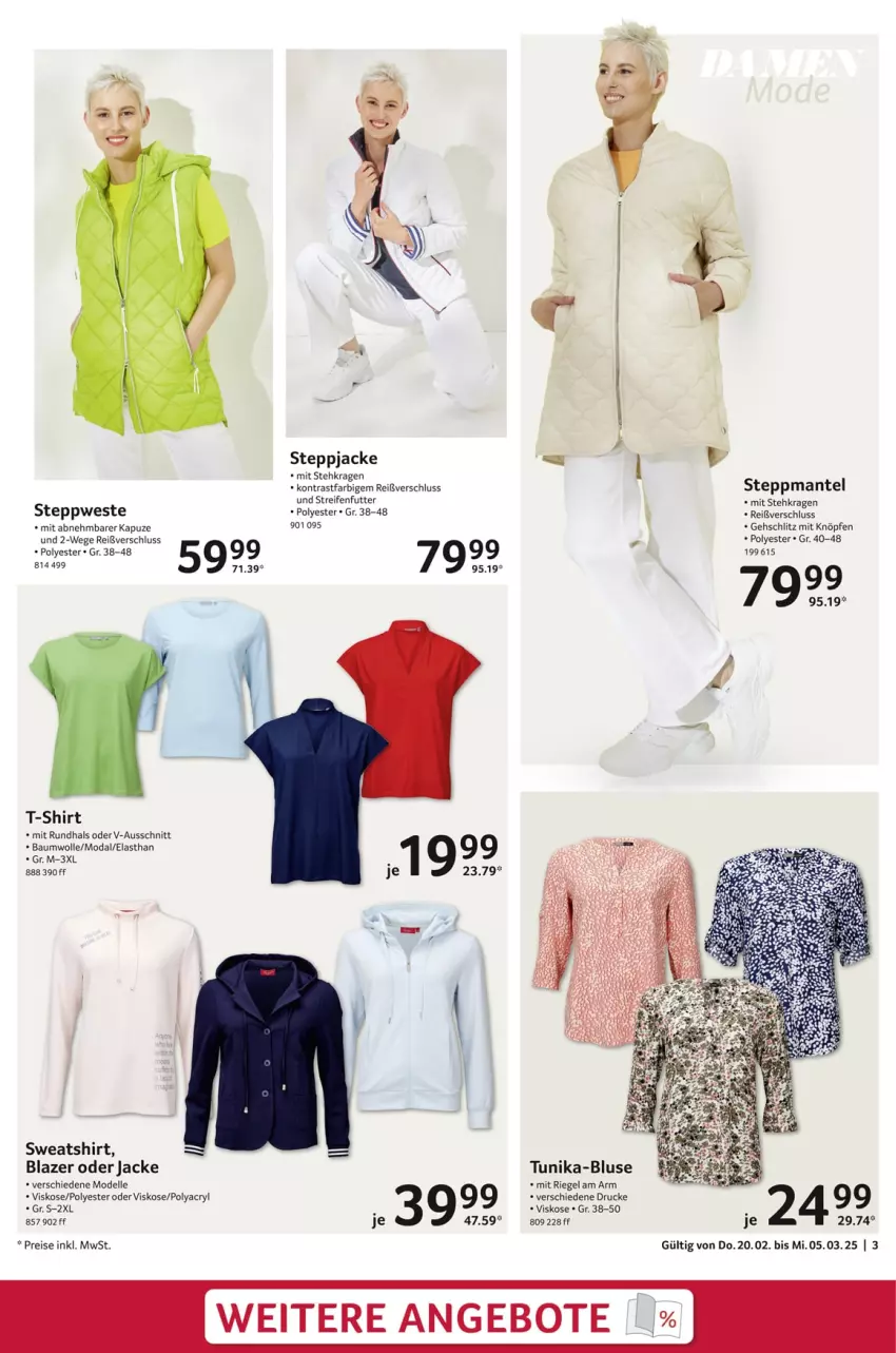 Aktueller Prospekt Selgros - Non Food - von 20.02 bis 05.03.2025 - strona 3 - produkty: angebot, angebote, Bau, baumwolle, Blazer, bluse, dell, eis, elle, Jacke, Mantel, Mode, reifen, reis, riegel, shirt, Steppjacke, Steppmante, Sweatshirt, T-Shirt, Ti, tunika, Weste, wolle