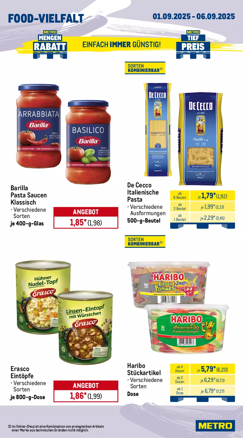 Aktueller Prospekt Metro - Wochen-Angebote - von 01.09 bis 06.09.2025 - strona 11 - produkty: angebot, barilla, beutel, cola, De Cecco, dell, ecco, eintöpfe, eis, erasco, haribo, italienische pasta, katenschinken, mortadella, pasta, Pasta Sauce, reis, sauce, saucen, schinken, Ti, tiefpreis, würfel