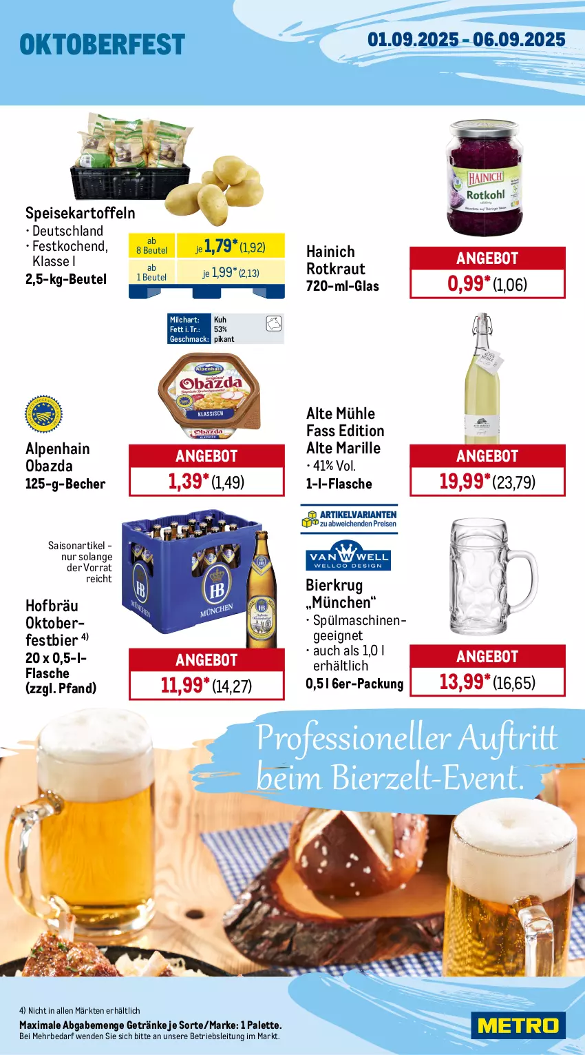 Aktueller Prospekt Metro - Wochen-Angebote - von 01.09 bis 06.09.2025 - strona 13 - produkty: Alpenhain, angebot, backfisch, Becher, beutel, bier, bratwurst, eis, elle, fisch, flasche, fleisch, getränk, getränke, gin, Kalbfleisch, kartoffel, kartoffeln, Kraut, mac, milch, mit kalbfleisch, obazda, Palette, reis, ring, rostbratwurst, Schal, Schale, speisekartoffeln, spülmaschinen, thüringer rostbratwurst, Ti, tiefpreis, wurst, Zelt