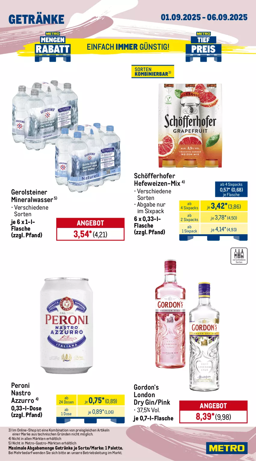 Aktueller Prospekt Metro - Wochen-Angebote - von 01.09 bis 06.09.2025 - strona 15 - produkty: Alwa, angebot, bohne, dry gin, eis, elle, espresso, flasche, gerolsteine, gerolsteiner, getränk, getränke, gin, gordon, Hefe, hefeweizen, kaffee, lavazza, lindt, london dry, london dry gin, Metro, mineralwasser, Palette, Peroni, reis, röstkaffee, schöfferhofer, schoko, schokolade, schweppes, steiner, tafelschokolade, Ti, wasser