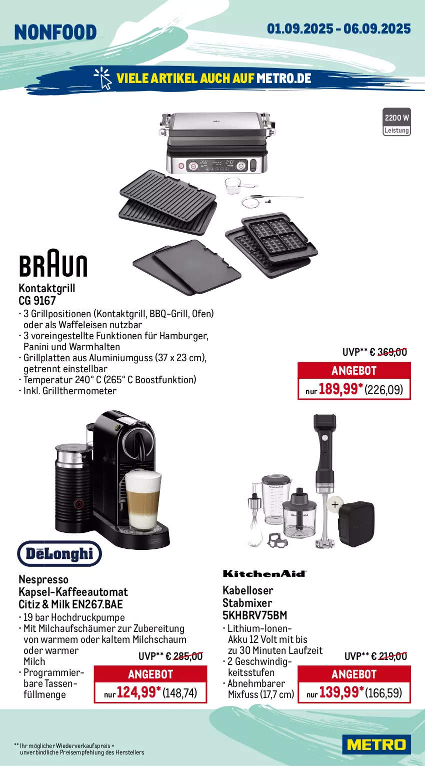 Aktueller Prospekt Metro - Wochen-Angebote - von 01.09 bis 06.09.2025 - strona 21 - produkty: akku, angebot, auto, Behälter, beutel, Brei, brot, burger, edelstahl, eis, elle, espresso, grill, grillplatte, hamburger, kaffee, kaffeeautomat, kontaktgrill, küche, Küchen, küchenmaschine, latte, LG, Metro, milch, milchaufschäumer, Mixer, nespresso, Ofen, reis, schlauch, schüssel, stabmixer, tasse, teller, thermometer, Ti, tisch, Vakuumierer, Waffeleisen