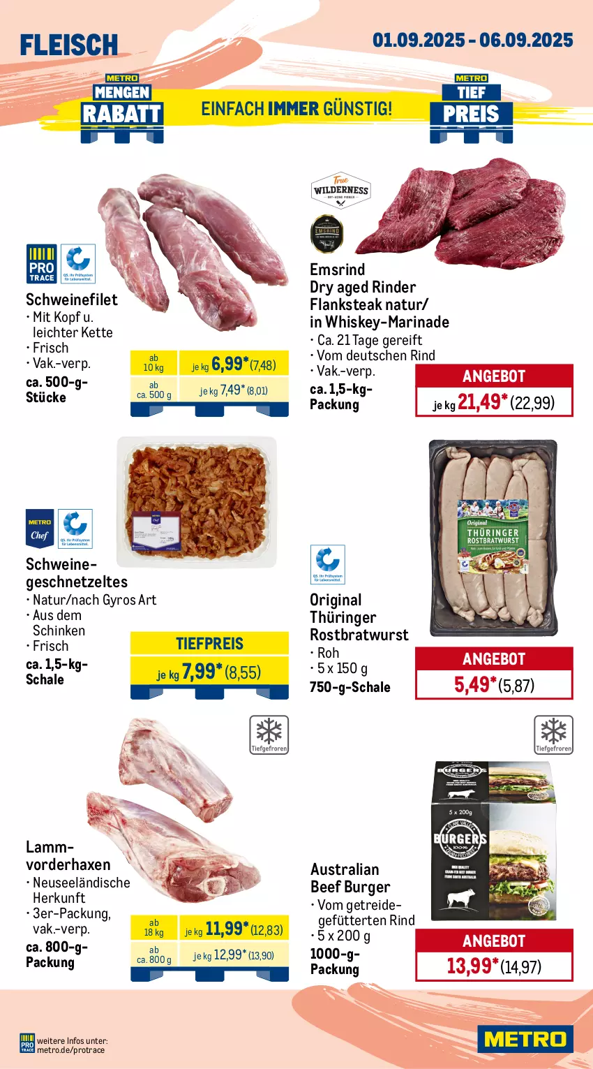 Aktueller Prospekt Metro - Wochen-Angebote - von 01.09 bis 06.09.2025 - strona 3 - produkty: angebot, aust, axe, beef, braten, bratwurst, bsf, burger, eis, filet, Flanksteak, fleisch, geschnetzeltes, gin, gyros, Haxe, Kette, lamm, marinade, Metro, natur, original thüringer, pute, putenschnitzel, reis, rind, rinder, rinderbraten, rinderfilet, ring, roastbeef, rostbratwurst, Schal, Schale, schinken, schnitzel, schwein, schweine, schweinefilet, steak, thüringer rostbratwurst, Ti, tiefpreis, wein, weine, whiskey, wurst, Zelt