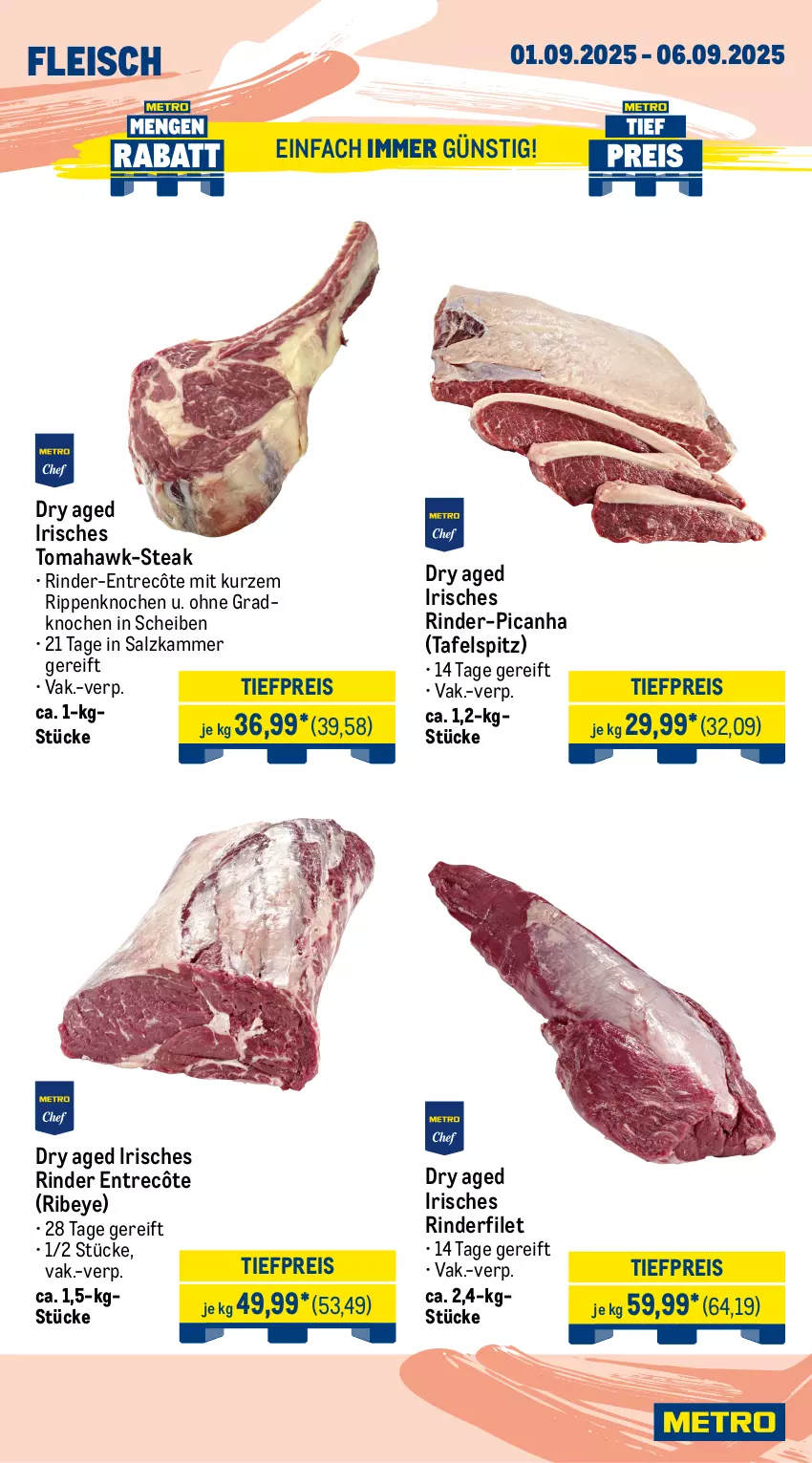 Aktueller Prospekt Metro - Wochen-Angebote - von 01.09 bis 06.09.2025 - strona 4 - produkty: Abtei, angebot, angebote, aqua, eis, entrecôte, filet, fisch, fische, Fischer, fleisch, frischfisch, lachs, Metro, reis, rind, rinder, rinderfilet, Rippen, Rotbarsch, rotbarschfilet, salz, Schal, Schale, Schere, scholl, steak, tafelspitz, Ti, tiefpreis, Wild