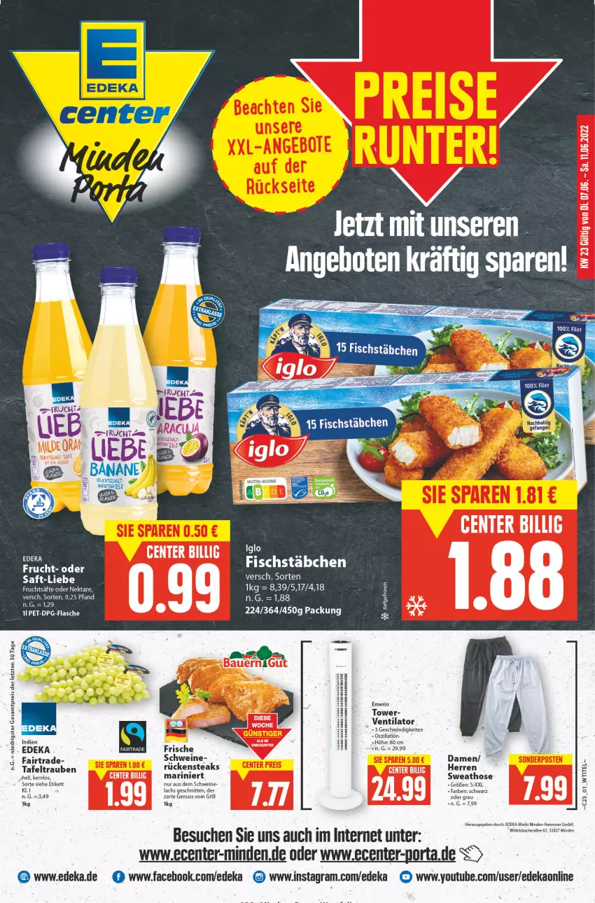 Aktueller Prospekt E Center - Angebote der Woche - von 06.06 bis 11.06.2022 - strona 1 - produkty: angebot, angebote, ball, deka, eis, ente, fisch, fischstäbchen, flasche, frucht, fruchtsäfte, grill, hose, lachs, Nektar, nuss, reis, Rückensteak, rückensteaks, säfte, schnitten, schwein, schweine, steak, steaks, Sweathose, tafeltrauben, Ti, trauben, ventilator, wein, weine, Yo, ZTE