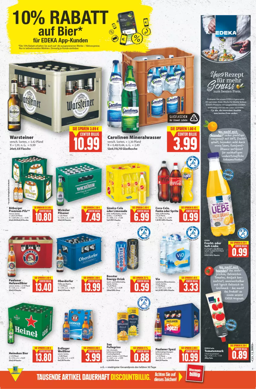 Aktueller Prospekt E Center - Angebote der Woche - von 06.06 bis 11.06.2022 - strona 11 - produkty: aktionspreis, Alwa, bier, Biere, bitburger, burger, coca-cola, cola, deka, drink, eis, elle, erdinger, fanta, fanta oder, fanta oder sprite, flasche, frucht, fruchtsaft, fruchtsäfte, fruchtsaftgetränk, getränk, glasflasche, Hefe, heineken, limo, limonade, mineralwasser, natürliches mineralwasser, Nektar, oder sprite, orange, orangen, Paula, paulaner, pet-flasche, pils, pilsener, reis, saft, säfte, san pellegrino, sinalco, Spezi, sprite, steiner, Ti, tomate, tomaten, tomatenmark, warsteiner, wasser, WICK, wolle, ZTE