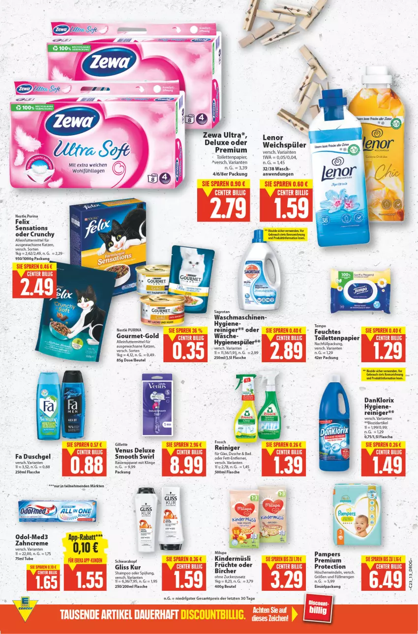 Aktueller Prospekt E Center - Angebote der Woche - von 06.06 bis 11.06.2022 - strona 12 - produkty: alleinfuttermittel, auer, Bad, beutel, bio, creme, deka, discount, dusche, duschgel, eis, ente, fa duschgel, felix, flasche, früchte, gillette, gliss, gliss kur, hygienespüler, Kinder, lenor, milupa, müsli, pampers, papier, pril, purina, rasierapparat, Rauch, reis, Ria, rwe, sagrotan, schwarzkop, schwarzkopf, sensations, shampoo, shampoo oder spülung, spülung, swirl, Ti, toilettenpapier, venus, waschmaschine, waschmaschinen, weichspüler, windeln, zahncreme, zewa, ZTE, zucker