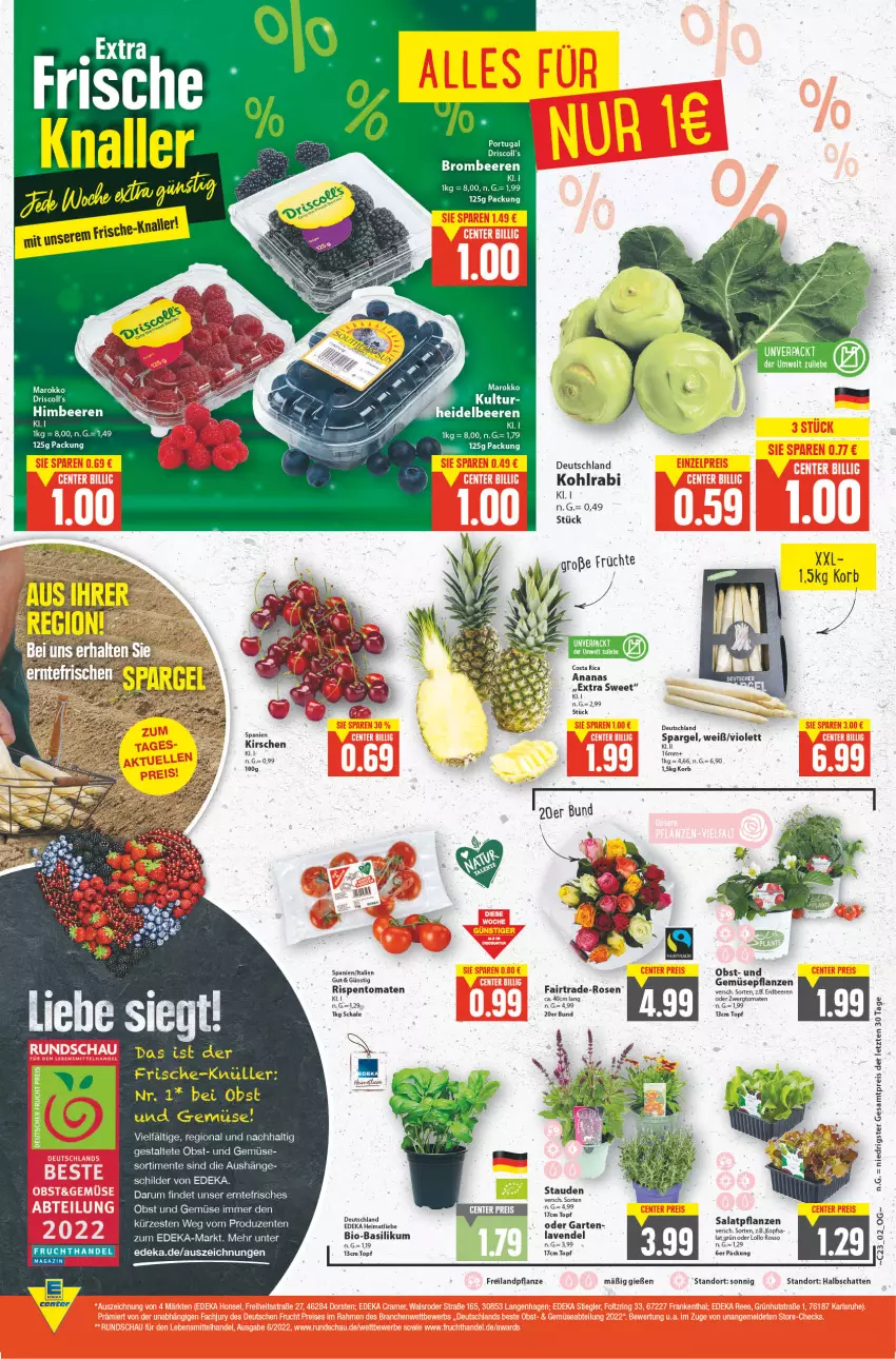 Aktueller Prospekt E Center - Angebote der Woche - von 06.06 bis 11.06.2022 - strona 2 - produkty: ananas, basilikum, beere, beeren, brombeere, brombeeren, deka, eis, ente, erdbeere, erdbeeren, früchte, Garten, himbeer, himbeere, himbeeren, kirsch, kirsche, kirschen, kohlrabi, korb, lavendel, obst, Obst und Gemüse, pflanze, pflanzen, reis, rispentomaten, rosen, rum, salat, Schal, Schale, spargel, stauden, tee, Ti, tomate, tomaten, topf, und gemüse, ZTE