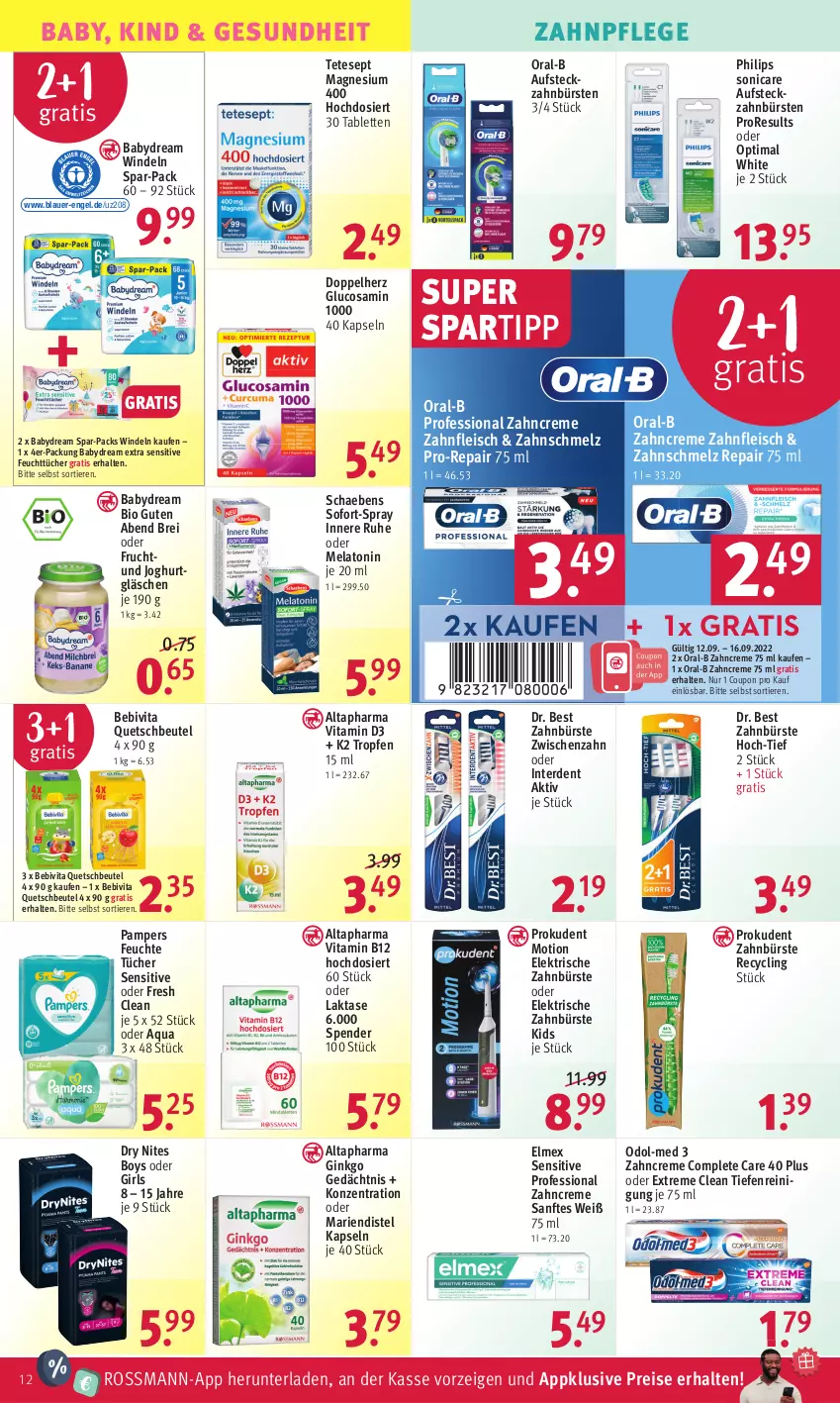 Aktueller Prospekt Rossmann - Prospekte - von 12.09 bis 16.09.2022 - strona 12 - produkty: Altapharma, aqua, auer, babydream, bebivita, beutel, bio, Brei, bürste, bürsten, Clin, coupon, creme, doppelherz, Dr. Best, eis, elektrische zahnbürste, elmex, Engel, erde, feuchte tücher, feuchttücher, fleisch, frucht, Gesundheit, gin, Glucosamin, joghur, joghurt, K2, magnesium, magnesium 400, Odol, Odol-med 3, oral-b, pampers, Philips, pro-repair, Prokudent, quetschbeutel, Reinigung, reis, Schaebens, sonicare, spartipp, tablet, tablett, Tablette, Ti, Tiere, tücher, vita, Vitamin B, Vitamin D, windeln, zahnbürste, zahnbürsten, zahncreme