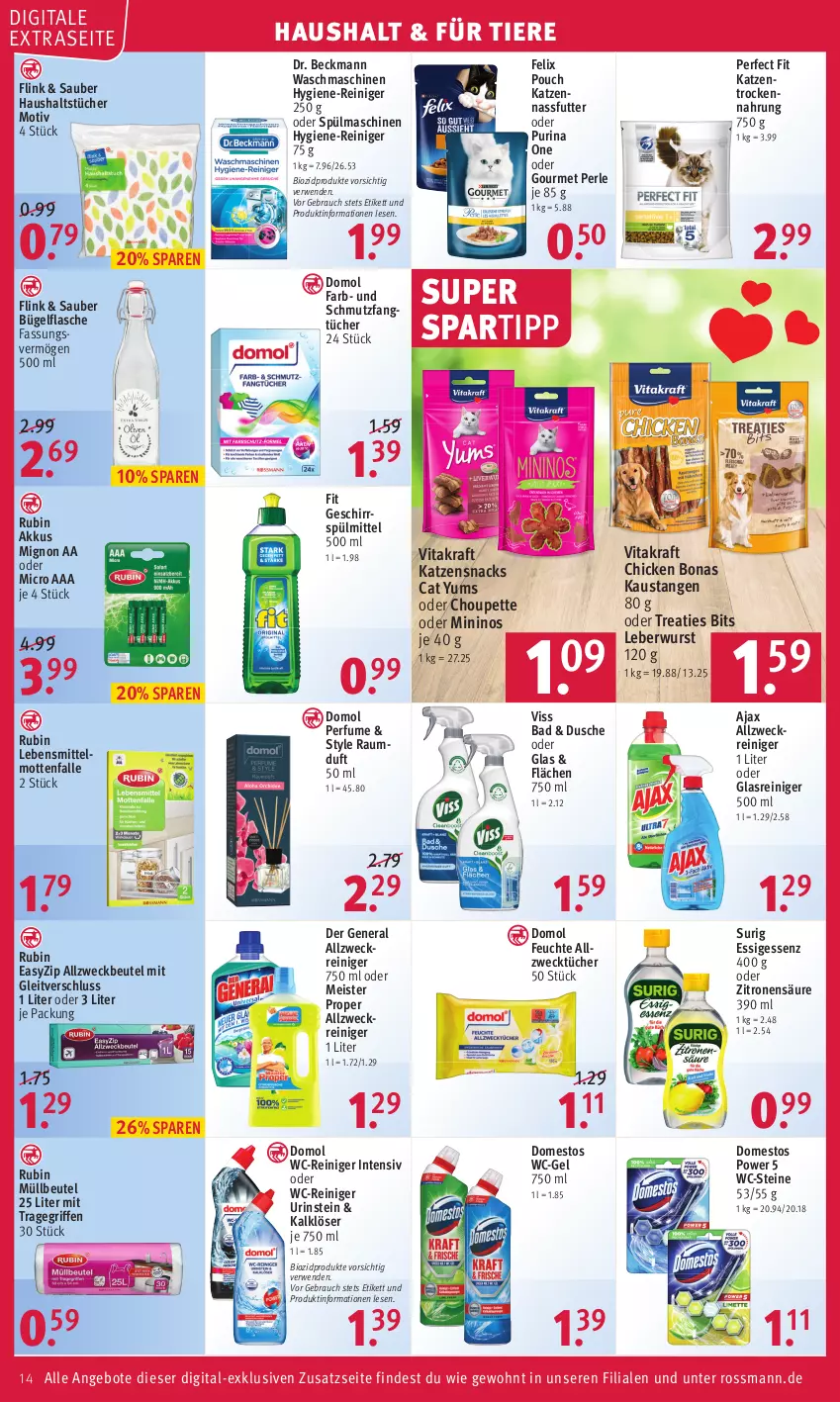 Aktueller Prospekt Rossmann - Prospekte - von 12.09 bis 16.09.2022 - strona 14 - produkty: ajax, akku, Allzweckbeutel, allzweckreiniger, Allzwecktücher, angebot, angebote, aust, Bad, beutel, bio, biozidprodukte, Bona, bügel, bügelflasche, domestos, Domol, Dr. Beckmann, dusche, eis, essig, Fangtücher, felix, flasche, geschirr, geschirrspülmittel, Glasreiniger, haushaltstücher, hygiene-reiniger, katzensnack, katzensnacks, kraft, lebensmittel, leberwurst, Meister, meister proper, Mottenfalle, müllbeutel, nassfutter, Perfect Fit, purina, Rauch, Raumduft, reiniger, Rubin, rwe, snack, snacks, spartipp, spülmaschinen, spülmittel, Ti, Tiere, tragegriff, Trockennahrung, tücher, vita, vitakraft, waschmaschine, waschmaschinen, wc-gel, wc-reiniger, WC-Steine, weck, wurst, zitrone, zitronen