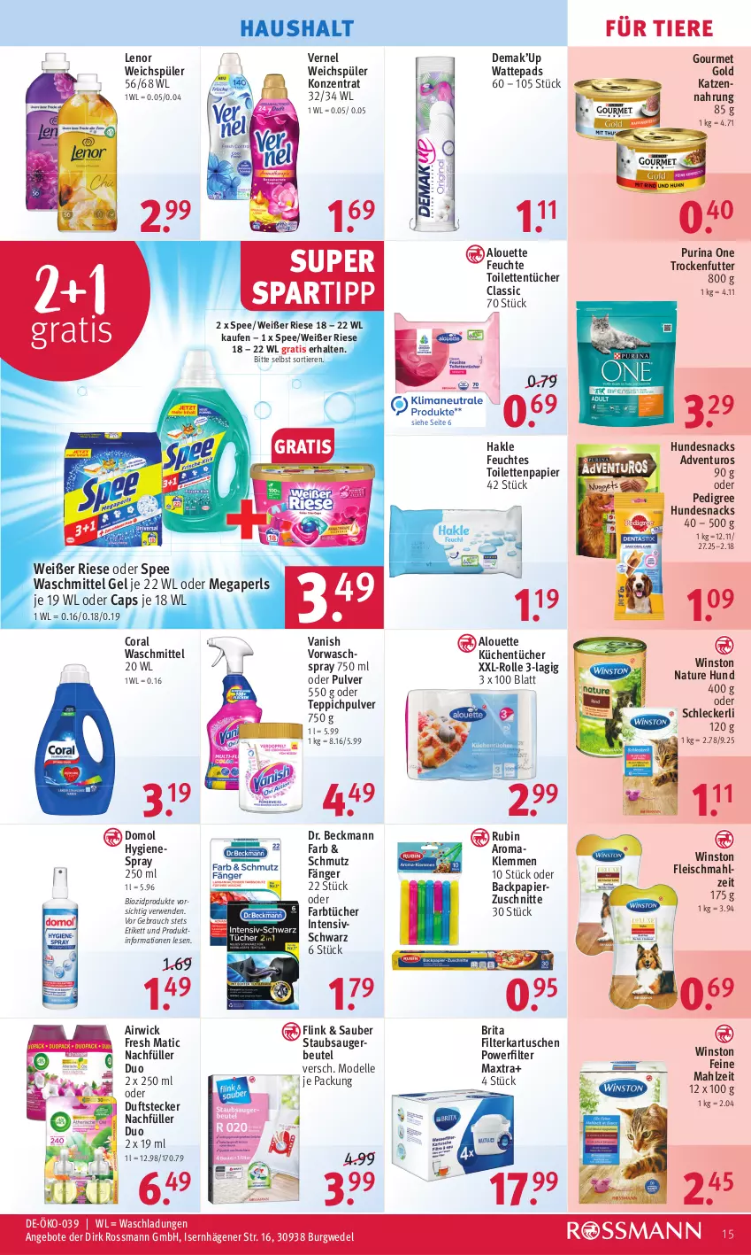 Aktueller Prospekt Rossmann - Prospekte - von 12.09 bis 16.09.2022 - strona 15 - produkty: adventuros, airwick, alouette, angebot, angebote, beutel, bio, biozidprodukte, brita, Cap, Coral, dell, Domol, Dr. Beckmann, eis, elle, feuchtes toilettenpapier, filterkartuschen, fleisch, gourmet gold, hakle, HP, hundesnack, hundesnacks, katzennahrung, küche, Küchen, küchentücher, lenor, lenor weichspüler, Maxtra, megaperls, Mode, natur, papier, pedigree, purina, Rauch, Rubin, rwe, snack, snacks, spartipp, spee, staubsauger, staubsaugerbeutel, teppich, Ti, Tiere, toilettenpapier, toilettentücher, trockenfutter, tücher, vanish, vernel, waschmittel, wattepads, wedel, weichspüler, WICK