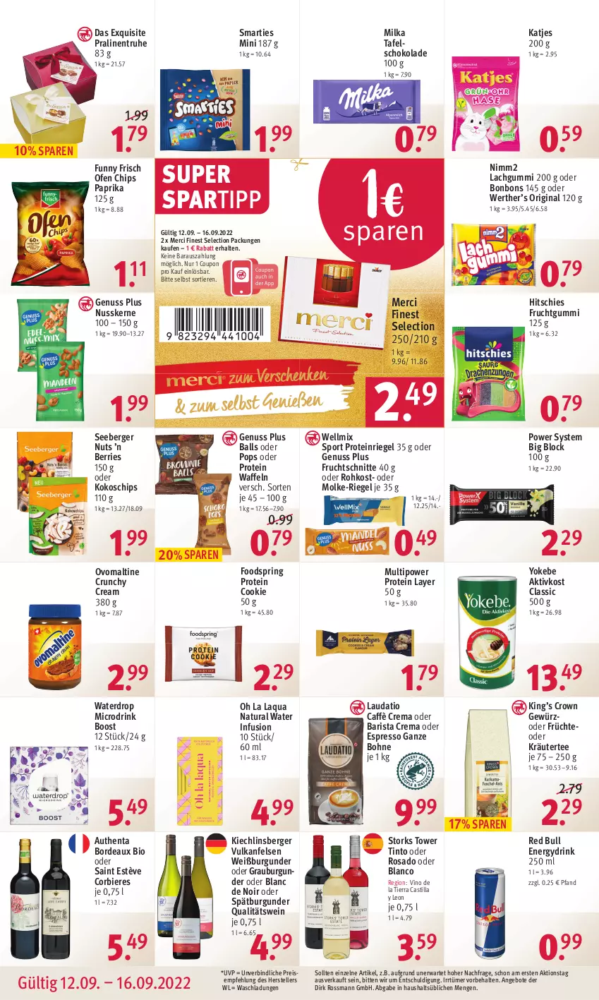 Aktueller Prospekt Rossmann - Prospekte - von 12.09 bis 16.09.2022 - strona 16 - produkty: angebot, angebote, aqua, asti, ball, Berger, bier, Biere, bio, bohne, bonbons, burgunder, caffè crema, chips, cookie, coupon, drink, eis, elle, espresso, frucht, früchte, fruchtgummi, Fruchtschnitte, Funny Frisch, gewürz, gin, grauburgunder, katjes, kokos, kräuter, lachgummi, merci, milka, natur, natura, nimm2, nuss, oder espresso, oder kräuter, Ofen, ovomaltine, paprika, pralinen, qualitätswein, red bull, reis, riegel, ring, schoko, schokolade, seeberger, smarties, spartipp, spätburgunder, Sport, tafelschokolade, tee, teller, Ti, Tiere, waffeln, wein, Weißburgunder, Yo, Yokebe