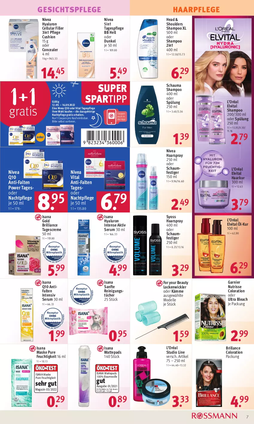 Aktueller Prospekt Rossmann - Prospekte - von 12.09 bis 16.09.2022 - strona 7 - produkty: Bau, baumwolle, brillance, cellular filler, coupon, creme, dell, elle, elvital, For Your Beauty, garnier, gesichtspflege, haarpflege, haarspray, hyaluron, isana, Lockenwickler, magazin, Maske, Mode, nachtpflege, nivea, Nutrisse, oder schaumfestiger, Q10, Reinigung, reinigungstücher, rum, sana, schauma, schauma shampoo, schaumfestiger, Serum, shampoo, spartipp, spülung, syoss, tagescreme, Tagespflege, Ti, Tiere, tücher, vita, wattepads, WICK, wolle, Yo