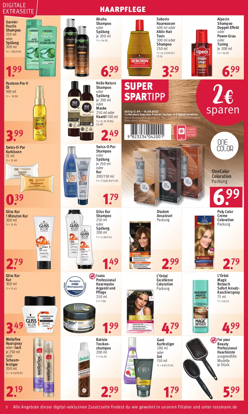 Aktueller Prospekt Rossmann - Prospekte - von 12.09 bis 16.09.2022 - strona 8 - produkty: alpecin, angebot, angebote, bürste, cin, Color creme, coupon, creme, dell, diadem, elle, For Your Beauty, fructis, garnier, gliss, gliss kur, haarpflege, haarspray, Hair Tonic, Hello Nature, isana, kissen, lack, Maske, Mode, natur, oder schaumfestiger, pantene, pantene pro-v, pro-v, sana, schaumfestiger, shampoo, shampoo 250 ml, shampoo oder spülung, spartipp, spülung, spülung 200 ml, Swiss-o-Par, Ti, Tiere, tonic, Trockenshampoo, uhu, wasser, Wella, wellaflex, Yo