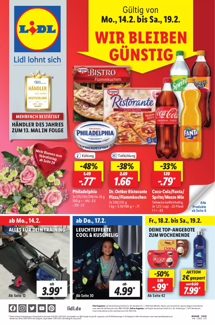 Aktueller Prospekt Lidl - Aktionsprospekt - von 14.02 bis 19.02.2022 - strona 1 - produkty: angebot, angebote, Bad, bio, coca-cola, cola, discount, Dr. Oetker, eis, erde, fanta, flammkuchen, kuchen, lamm, Leuchte, LG, Mezzo Mix, philadelphia, pizza, Rauch, ristorante, sprite, Ti, top-angebot