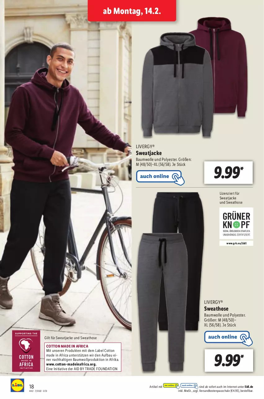 Aktueller Prospekt Lidl - Aktionsprospekt - von 14.02 bis 19.02.2022 - strona 18 - produkty: Bau, baumwolle, hose, Jacke, livergy, ndk, Schal, Schale, Sweathose, sweatjacke, Ti, wolle