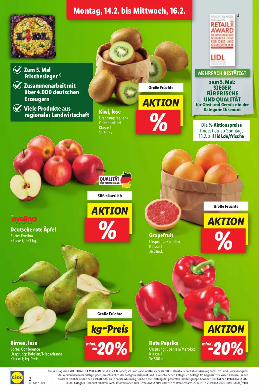 Aktueller Prospekt Lidl - Aktionsprospekt - von 14.02 bis 19.02.2022 - strona 2 - produkty: Abtei, aktionspreis, angebot, Birnen, discount, eis, frucht, früchte, grapefruit, kiwi, LG, magazin, obst, Obst und Gemüse, paprika, reis, Ti, und gemüse