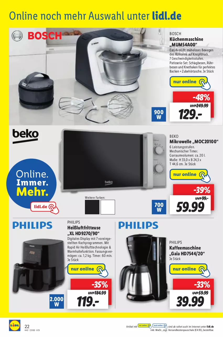 Aktueller Prospekt Lidl - Aktionsprospekt - von 14.02 bis 19.02.2022 - strona 22 - produkty: beko, bosch, eis, elle, fritteuse, garraum, Heißluftfritteuse, HP, kaffee, kaffeemaschine, küche, Küchen, küchenmaschine, mikrowelle, ndk, Philips, Schal, Schale, Tasche, Ti, timer