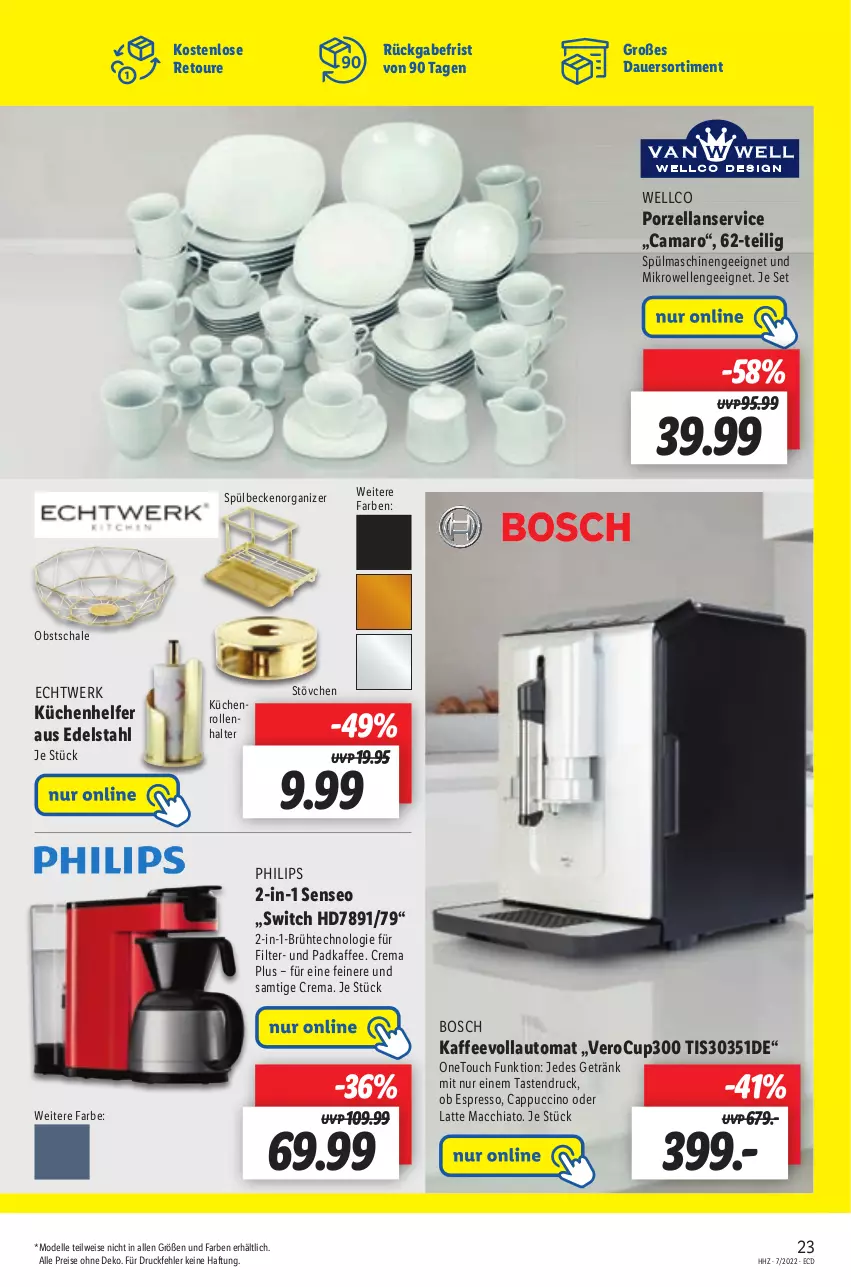 Aktueller Prospekt Lidl - Aktionsprospekt - von 14.02 bis 19.02.2022 - strona 23 - produkty: ACC, amaro, auer, auto, bosch, Cap, cappuccino, chia, cin, dell, edelstahl, eis, elle, espresso, getränk, kaffee, kaffeevollautomat, küche, Küchen, Küchenhelfer, küchenrolle, küchenrollen, latte, latte macchiato, mac, macchiato, mikrowelle, Mode, obst, Philips, reis, Schal, Schale, senseo, spülmaschinen, Ti