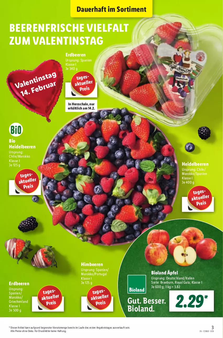 Aktueller Prospekt Lidl - Aktionsprospekt - von 14.02 bis 19.02.2022 - strona 3 - produkty: angebot, auer, beere, beeren, bio, bioland, eis, elle, erdbeere, erdbeeren, heidelbeere, heidelbeeren, himbeer, himbeere, himbeeren, reis, Schal, Schale, Ti, ZTE