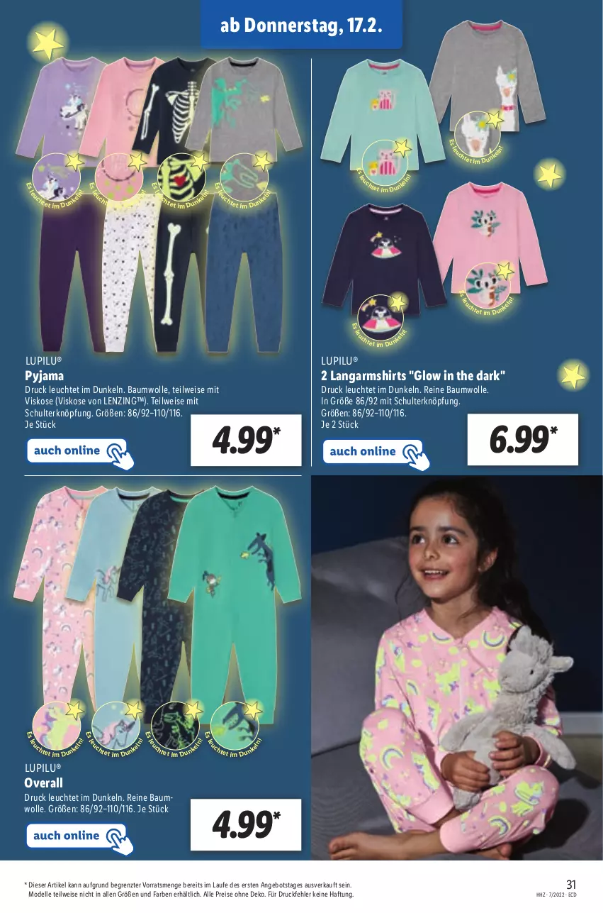 Aktueller Prospekt Lidl - Aktionsprospekt - von 14.02 bis 19.02.2022 - strona 31 - produkty: angebot, Bau, baumwolle, dell, eis, elle, Langarmshirt, lenzing, Leuchte, lupilu, Mode, Overall, Pyjama, reine baumwolle, reis, shirt, shirts, Ti, wolle, ZTE