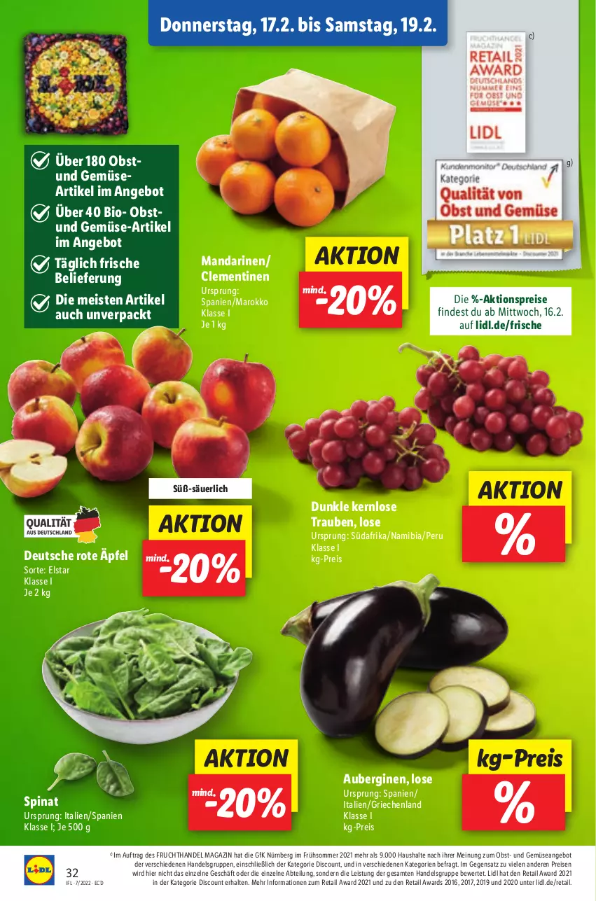 Aktueller Prospekt Lidl - Aktionsprospekt - von 14.02 bis 19.02.2022 - strona 32 - produkty: Abtei, aktionspreis, angebot, aubergine, auberginen, bio, clementinen, discount, eis, frucht, gin, magazin, mandarine, mandarinen, obst, reis, spinat, Ti, trauben, und gemüse