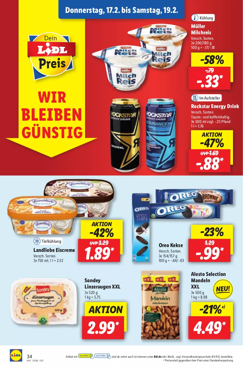 Aktueller Prospekt Lidl - Aktionsprospekt - von 14.02 bis 19.02.2022 - strona 34 - produkty: alesto, creme, drink, eis, eiscreme, elle, energy drink, keks, kekse, landliebe, landliebe eiscreme, mandel, mandeln, milch, milchreis, Müller, ndk, oreo, preisvorteil, reis, Rockstar, Schal, Schale, Sondey, teller, Ti