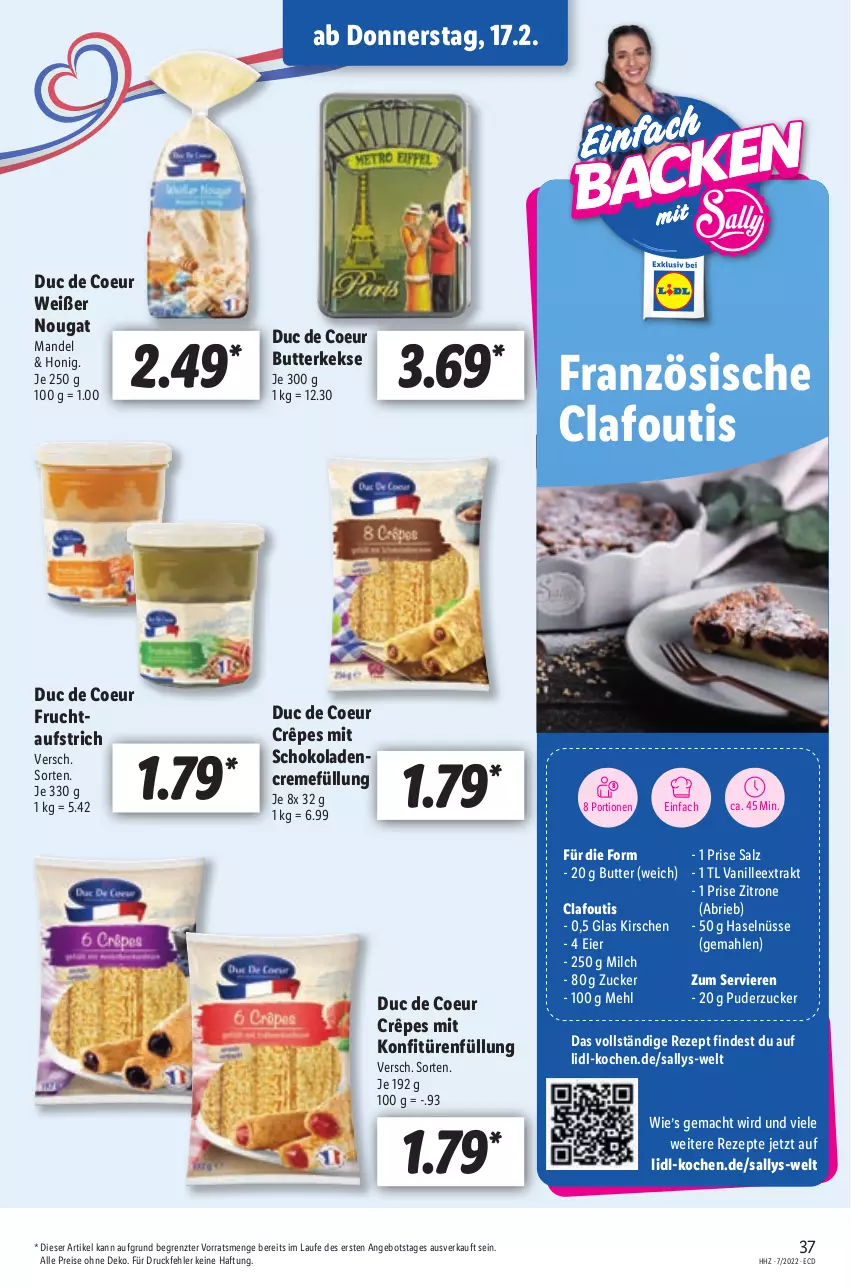 Aktueller Prospekt Lidl - Aktionsprospekt - von 14.02 bis 19.02.2022 - strona 37 - produkty: angebot, aufstrich, brie, butter, butterkeks, creme, eier, eis, frucht, honig, keks, kekse, kirsch, kirsche, kirschen, konfitüre, konfitüren, mac, mandel, mehl, milch, reis, rezept, rezepte, salz, schoko, schokolade, schokoladen, Ti, vanille, zitrone, ZTE, zucker