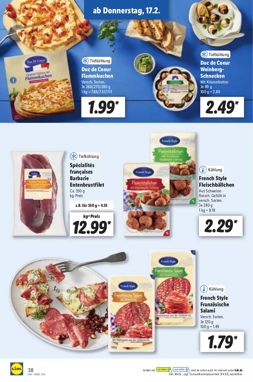 Aktueller Prospekt Lidl - Aktionsprospekt - von 14.02 bis 19.02.2022 - strona 38 - produkty: brustfilet, butter, eis, ente, Entenbrust, filet, flammkuchen, fleisch, Fleischbällchen, kräuter, kräuterbutter, kuchen, lamm, ndk, reis, salami, Schal, Schale, schwein, schweine, schweinefleisch, Ti, wein, weine