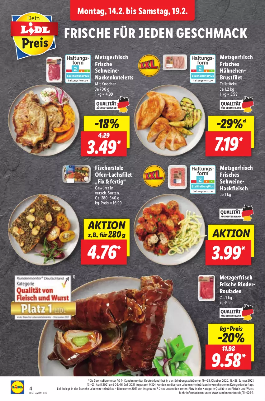 Aktueller Prospekt Lidl - Aktionsprospekt - von 14.02 bis 19.02.2022 - strona 4 - produkty: brustfilet, discount, eis, filet, fisch, fische, Fischer, fleisch, gewürz, hackfleisch, hähnchenbrust, hähnchenbrustfilet, kotelett, lachs, lachsfilet, lebensmittel, mac, monitor, nackenkoteletts, Ofen, pril, reis, rind, rinder, Rinderroulade, rinderrouladen, rouladen, schwein, schweine, Schweinehackfleisch, schweinenacken, Ti, wein, weine, wurst