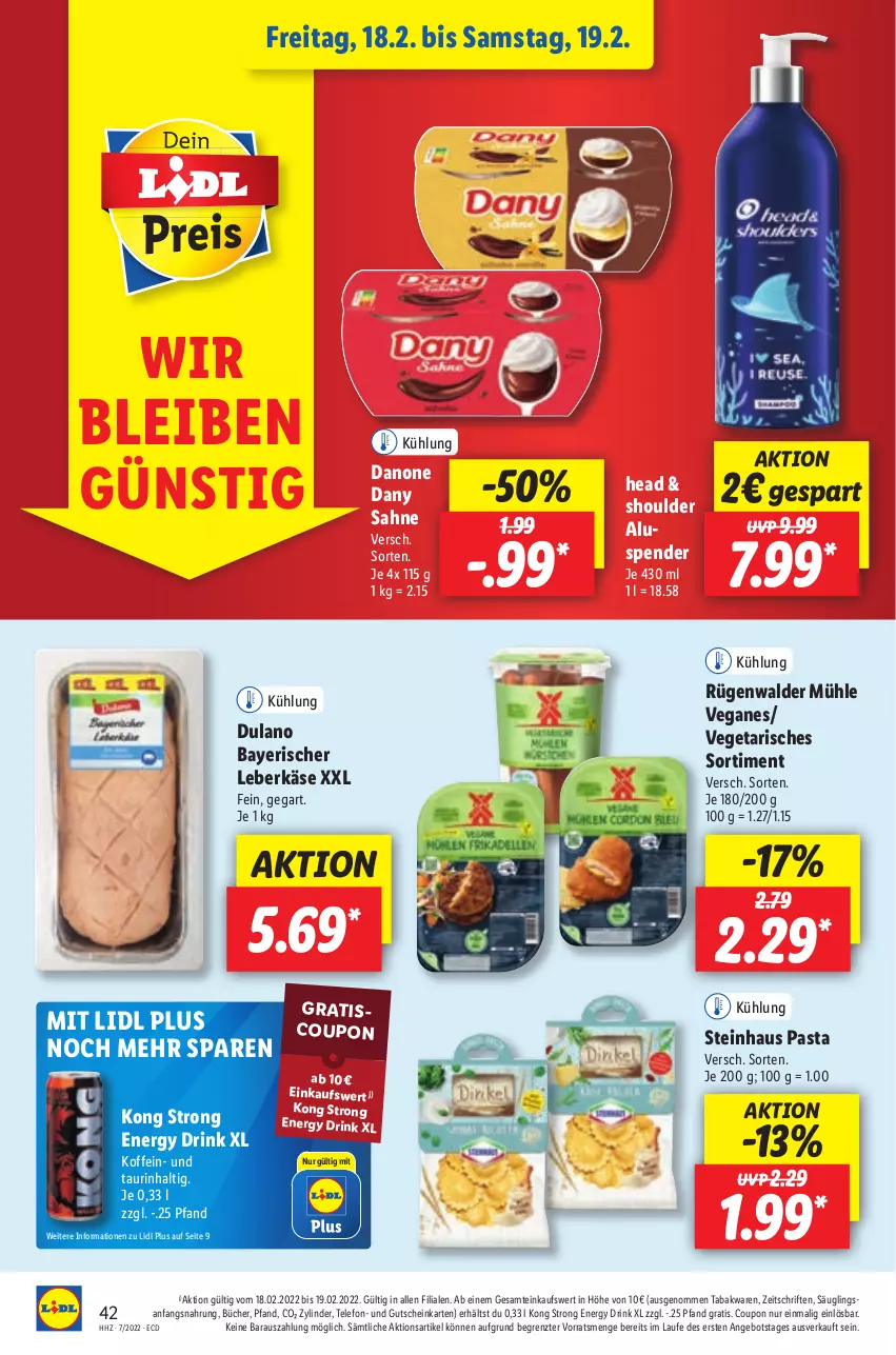 Aktueller Prospekt Lidl - Aktionsprospekt - von 14.02 bis 19.02.2022 - strona 42 - produkty: angebot, coupon, danone, Dany, dany sahne, drink, dulano, energy drink, gutschein, Käse, leberkäs, leberkäse, pasta, rügenwalder, rügenwalder mühle, sahne, steinhaus, telefon, Ti, Vegeta, ZTE